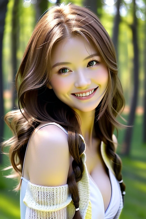 ((masterpiece: 1.4, highest quality))+,((highest quality)), ((masterpiece)), (detailed), whole body、wallpaper、Attention to detail、Perfect balance、Tight waist、Smiling Kindly、Light brown hair、beautiful, Beautiful Skin、Fine skin、Russian Beauty、(masterpiece:1.3), Best image quality: 1.4, (Rough hairstyles:1.2)、Cleavage:1.4、Loose, lightweight knitwear、Shoulder、Walking in the woods