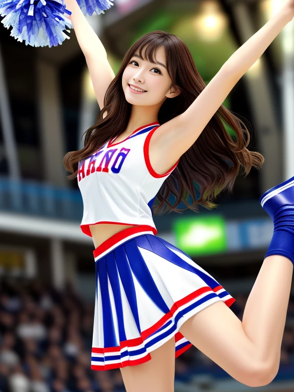 Photo-realistic quality、Japanese woman in a cheerleader's white outfit holding pom-poms in the woods、cute , Japanese , Attractive idol girl, A young and cute gravure idol, Beautiful female college student, Real young gravure idol, Japanese model、looking at the camera、Soft lips、cute微笑み、Detailed and beautiful eyes、Slightly large breasts