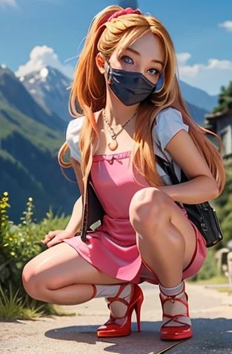 8k, best quality, masterpiece:1.2), (realistic, photo-realistic:1.37), ultra-detailed, 1 girl,cute, solo,beautiful detailed sky, red lips, long blonde hair, high ponytail, hair scrunchie, cute small backpack, blue eyes, short pink dress, gold necklace, scenery, black high heels, 
