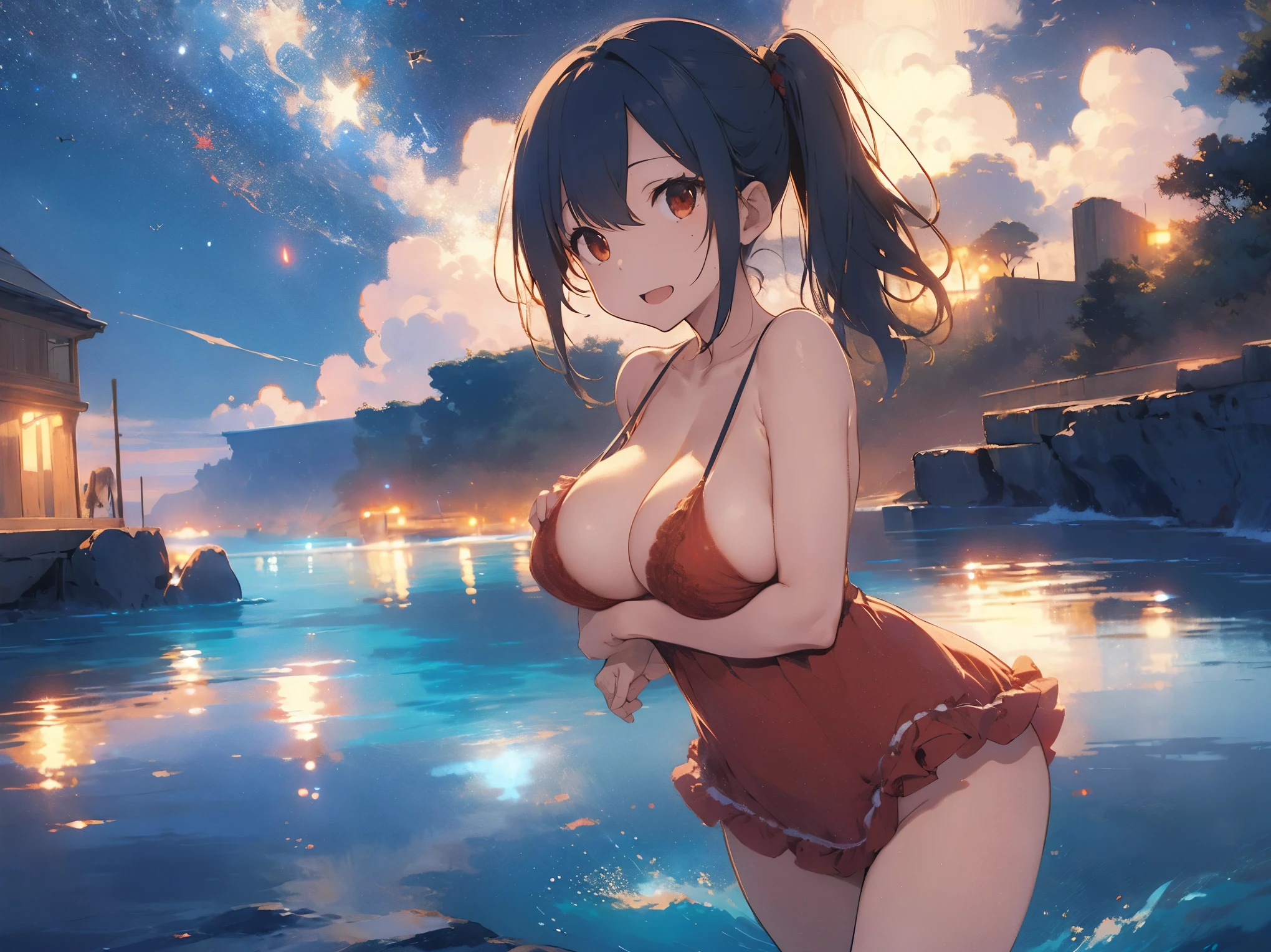 No panties, no bra、A long, red, frilly dress that hugs her breasts、Sandy Beach, Beautiful sea, Night and starry sky、Big Breasts