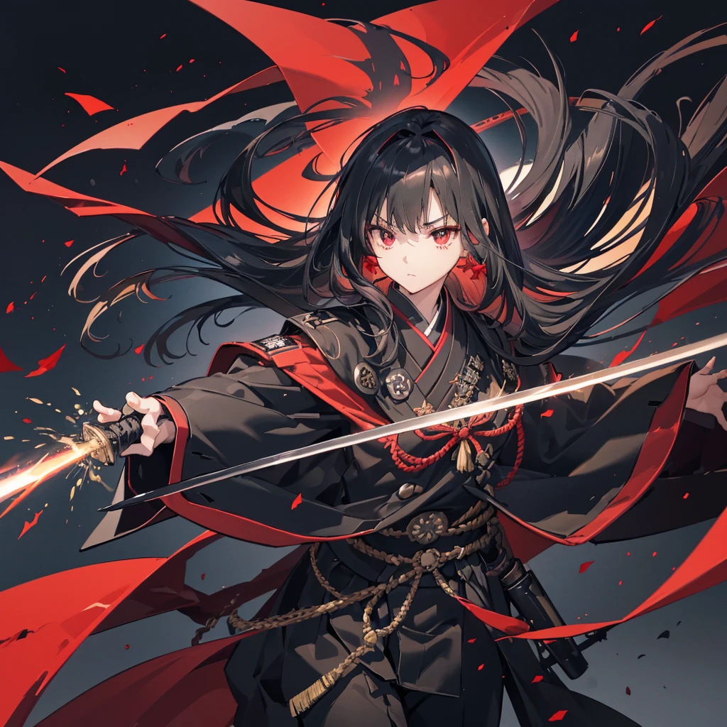 ((blackい髪 Long Hair black Military commander one person Lonely Red Flag Eye patch)) ((night Japanese style old Shining Aura)) (Dance Flame Blade Shining Japan sword Draw your sword Grasp the sword) moon star Draw your sword Slashing Catch the wind print Tense face geta kimono