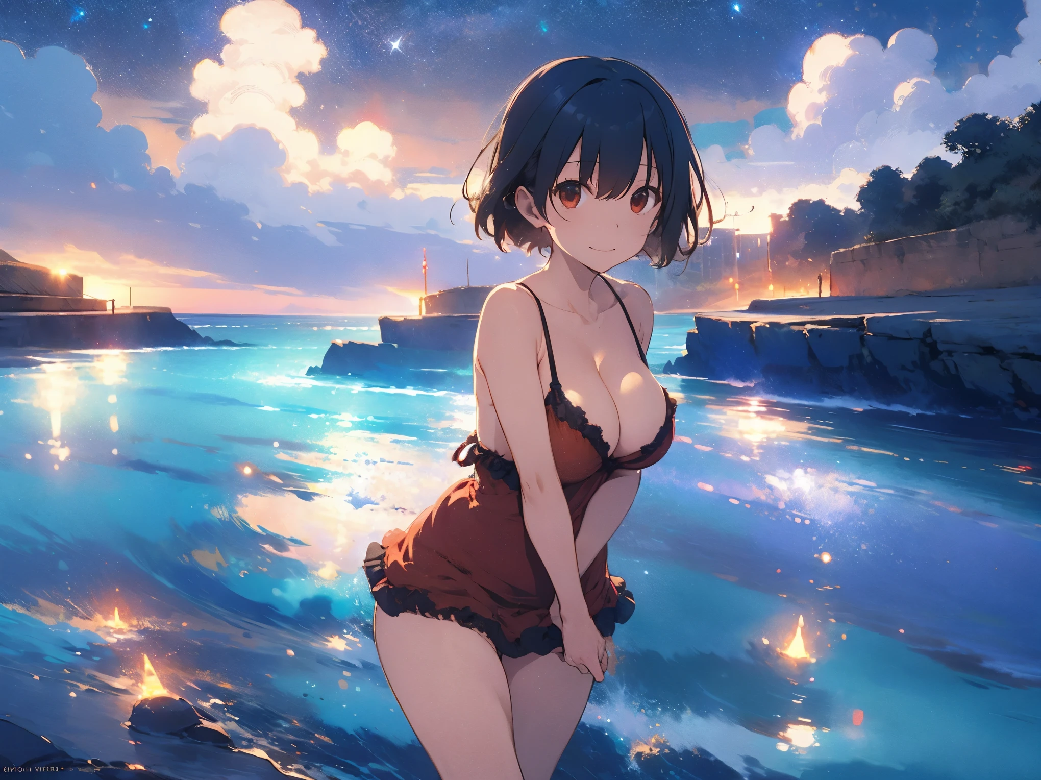 No panties, no bra、A long, red, frilly dress that hugs her breasts、Sandy Beach, Beautiful sea, Night and starry sky、Big Breasts