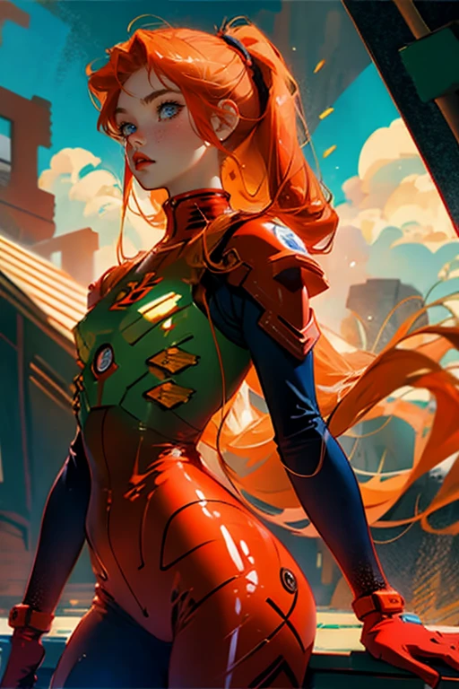 Asuka Langley only ,small breasts, portrait, bad girl, long light ginger hair, light blue eyes, beautiful red lips, right fitting asuka plugsuit