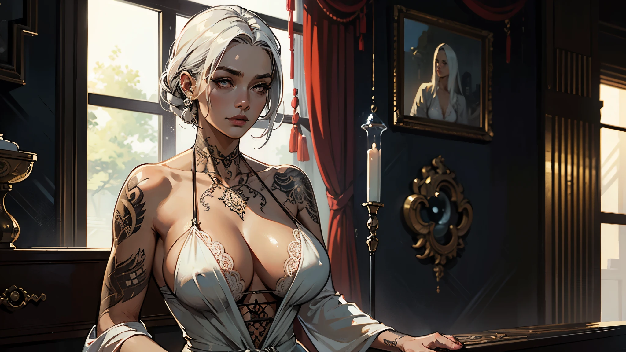 (very detailed background:1.0), (highly detailed background:1.0), (Masterpiece), High Quality, 1girl, woman, tattoos, irezumi, depth of field, dynamic lighting, high quality shadows, feminine, plunging neckline, breast curtains, Revealing clothes, , white dress, reze, white hair