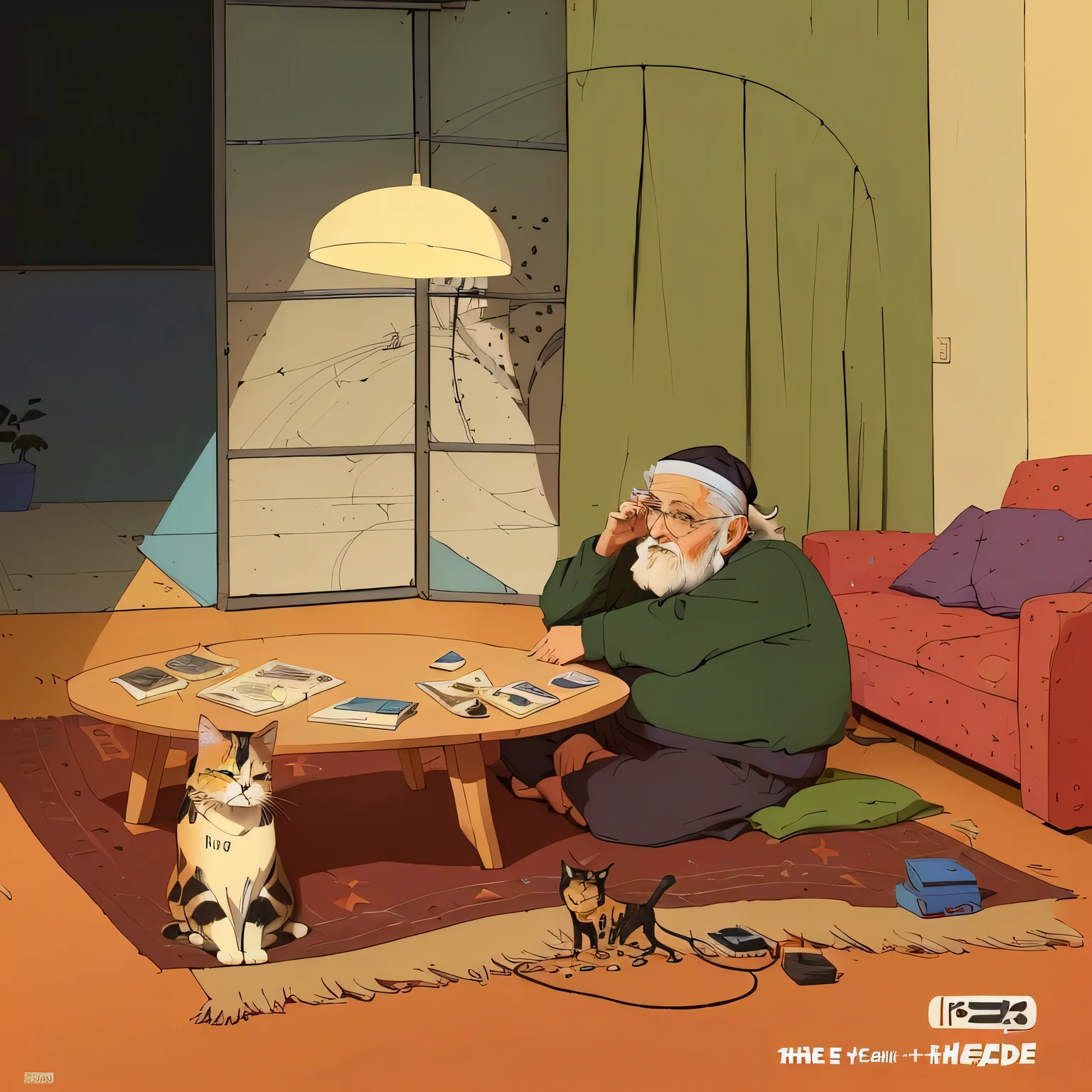 comics:An old man sitting on the carpet,Next to it is a cat and a table, ( asaf hanukkah ), Animation movie stills, by Asaf Hanuka, author:Amedee Ossenfante, animation stills, inspired by Asaf Hanuka, author:Jean Helion, animated illustration style, Older women, old lady, Animation Scene