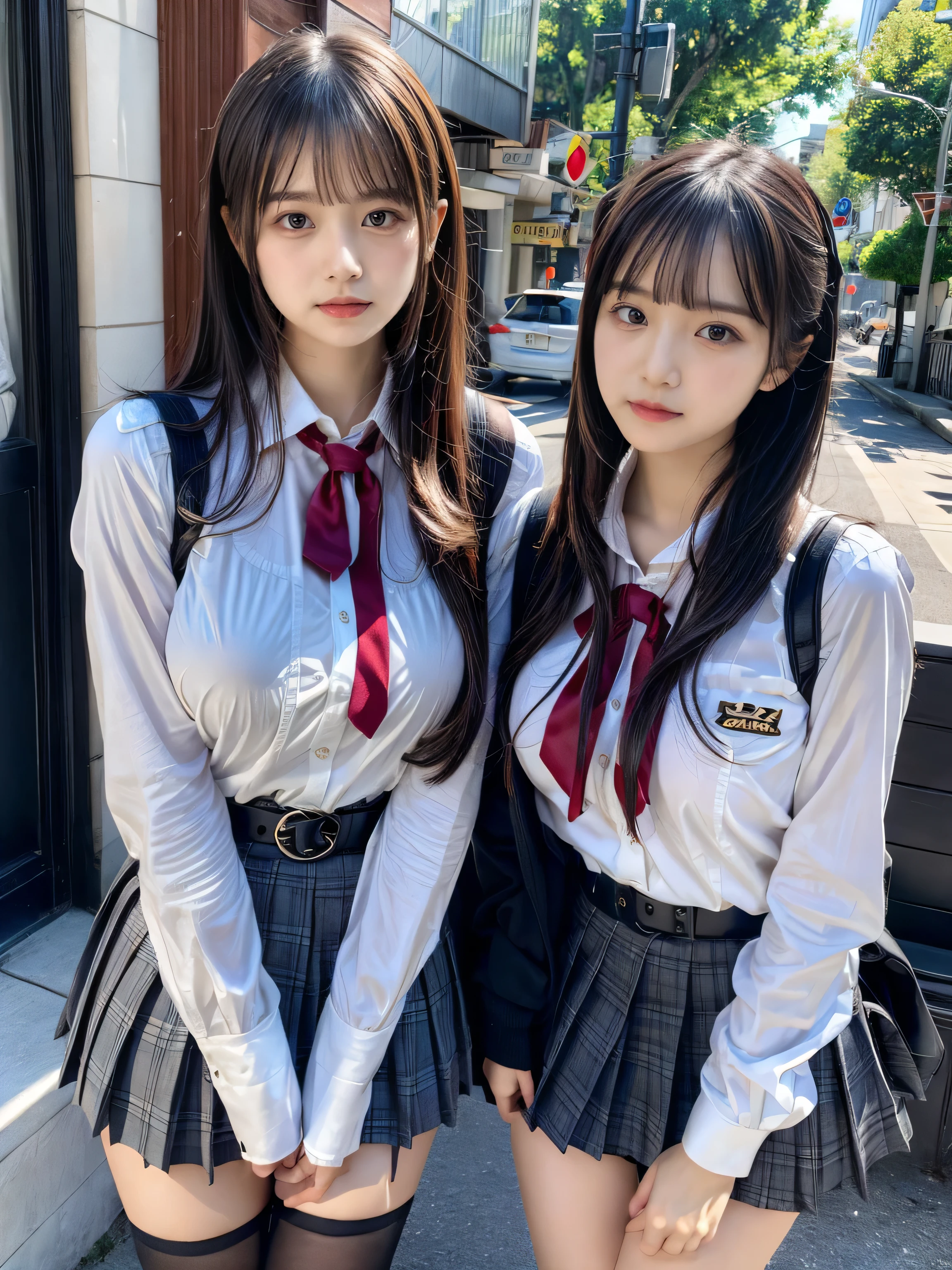(8K, Raw photography, top-quality, masterpiece:1.2), muster piece, best quality, illustration, Super detailed, fine details, High resolution, 8K,wall paper, perfect dynamic composition,(Details High quality, realistic depiction of eyes:1.3), ((2 girls, 2 schoolgirls)), The background is a luxury hotel room、High school girl uniform、blazer 、Super Short Check Uniform Skirt、Navy blue high socks、garterbelts、Colossal tits、Disturbed uniform, Play with each other,Touching each other's bodies,Touching the body of the girl next door, short bob hair, black hair color, huge breasts, Big Natural Color Lip, bold sexy pose, (perfect body shape), crying a little、cold gaze, Beautiful makeup,glitter makeup,Cutest 18 years old、 beautiful legs, hposing Gravure Idol, Voluptuous thighs