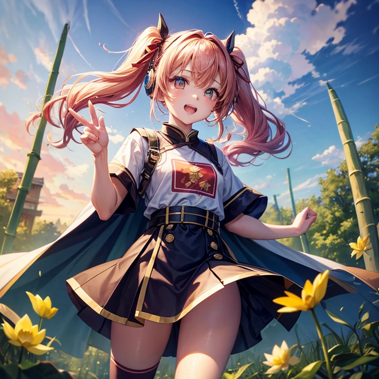 Pink Blue Gold Golden Hair、Golden Eyes、Two good looking girls、Twin tails、solo、anime、Checkered mini skirt、The skirt has buttons、Red T-shirt、China、Cape、Black knee-high socks、Wearing headphones、Wearing a ribbon、Ribbon on waist、Tilting face、Teeth are visible、Sunset sky、Water Mountain、Piercing the clouds、Contrail、Tinted Glasses、tree、Touching your face、lotus leaves、canal、Cumulonimbus、bamboo forest、Facing each other