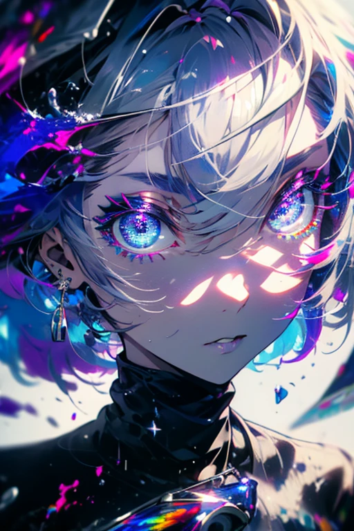 1girl,solo,cool,silver hair,colorful,paint,upper body focus,perfect face,face is dirty for painting,purple eye,brilliant eye,vivid eye,around blue flame,dark