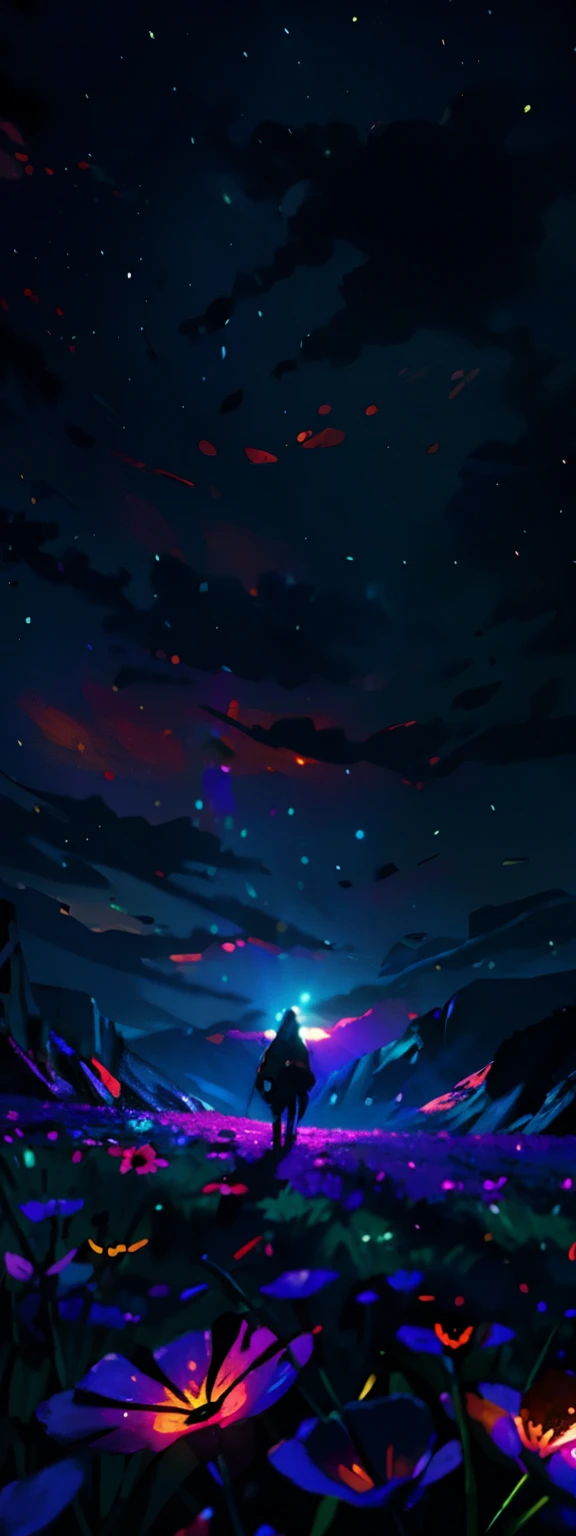 expansive landscape photograph , (a view from below that shows sky above and open field below), a girl standing on flower field looking up, (full moon:1.2), ( shooting stars:0.9), (nebula:1.3), distant mountain, tree BREAK
production art, (warm light source:1.2), (Firefly:1.2), lamp, lot of purple and orange, intricate details, volumetric lighting BREAK
(masterpiece:1.2), (best quality), 4k, ultra-detailed, (dynamic composition:1.4), highly detailed, colorful details,( iridescent colors:1.2), (glowing lighting, atmospheric lighting), dreamy, magical, (solo:1.2)