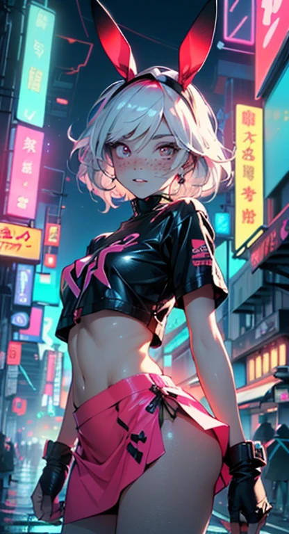 cute little bunny loli,(((little ,small tiny body,petite))),(((6 years old))),((anime little bunny with extremely cute and beautiful fuchsia hair walking down the street)),(((bunny girl,anthro furry cute,bunny-girl))),(((bunny ears,bunny ears on head,big bunny ears))),
(((flat chest))),(((fuchsia hair:1.35,short fuchsia hair,colored inner hair,ear breathing,))),((heterochromia,eye1 fuchsia,eye2 pink,perfect eyes,upturned eyes:1.3,beautiful detailed eyes,finely detailed beautiful eyes:1,big highlight on eyes:1.2,slanted eyes)),(((freckles on the face,freckles,freckled girl))),(((lustrous skin:1.5,bright skin: 1.5,skin tanned,shiny skin,very shiny skin,shiny body,plastic glitter skin,exaggerated shiny skin))),(delicate detailed fingers,detailed body,detailed arms,human hands,(detailed face)),
cute,slutty,,erotic,(((nsfw))),
zettai ryouiki,revealing clothing,show skin,((rave shirt,neon colored shirt,rave mini-skirt,visible thong straps)),(wearing a rave outfit:1.3,rave clothes,semi-naked,with little clothing,),(detailed outfit,detailed clothes),
(dynamic pose:1.0),solo focus,embarrassed,centered,scale to fit dimensions,Rule of thirds,
outdoors,((night view)),(very pretty city neon synthwave,cyberpunk night street Background:1.5,dark sky,thick clouds),future vehicles,((neon lights)),thick clouds,(cyberpunk style,neon lights, (synthwave theme background), lonely street),(((detailed background:1.25))),
(best quality),(high resolution),(sharp focus),(ultra detailed),(extremely detailed),(extremely high quality artwork),8k_wallpaper,(extremely detailed CG 8k),(very fine 8K CG),((hyper super ultra detailed perfect piece)),flawless,(((masterpiece))),illustration,vibrant colors,(intricate),High contrast,Selective lighting,Double exposure,HDR (High Dynamic Range),Post-processing,Background blur,