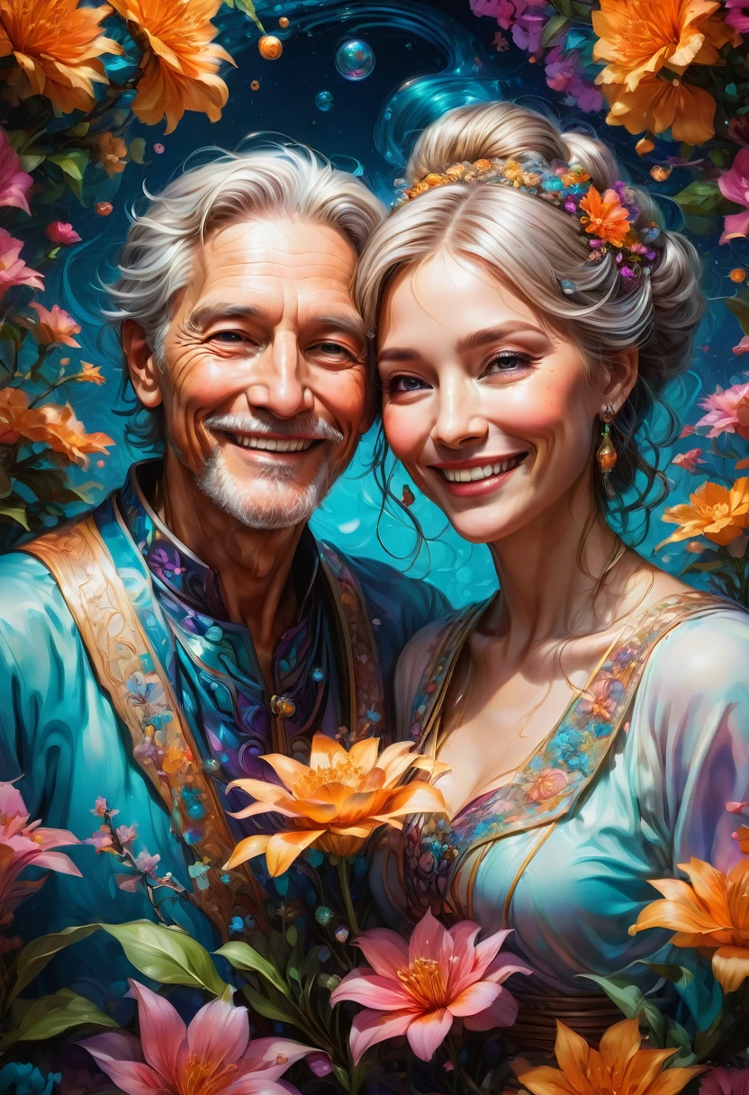 Couple Photo, aesthetic, Joyful adorable smiling elderly people laughing and hugging spreading joy: vibrant colors: surrounded by flowers: intricate details, head and shoulders portrait, 8k resolution concept art portrait by Greg Rutkowski, Artgerm, WLOP, Alphonse Mucha dynamic lighting hyperdetailed intricately detailed Splash art trending on Artstation triadic colors Unreal Engine 5 volumetric lighting