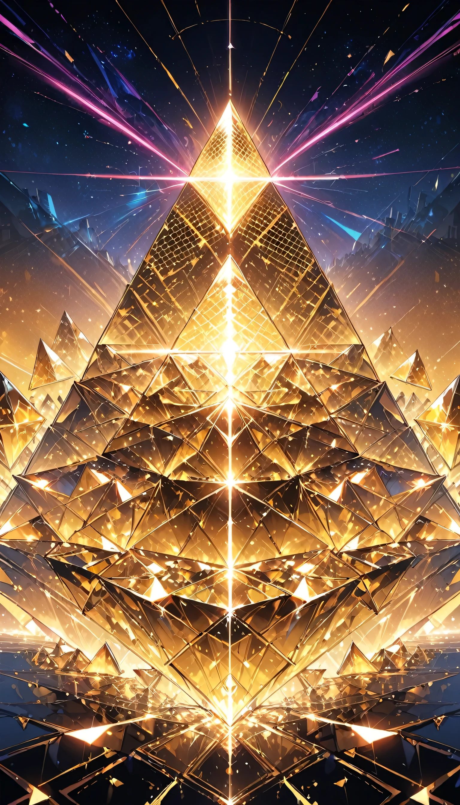 Futuristic background of golden glass pyramid with shining laser beams、It leads to a surreal science city with huge skyscrapers.。. The background resolution is 4k、The aspect ratio is 16。:9.Golden Pyramid, masterpiece, Anatomically correct, Super detailed, high quality, 最high quality, 8k, 16k, Attention to detail