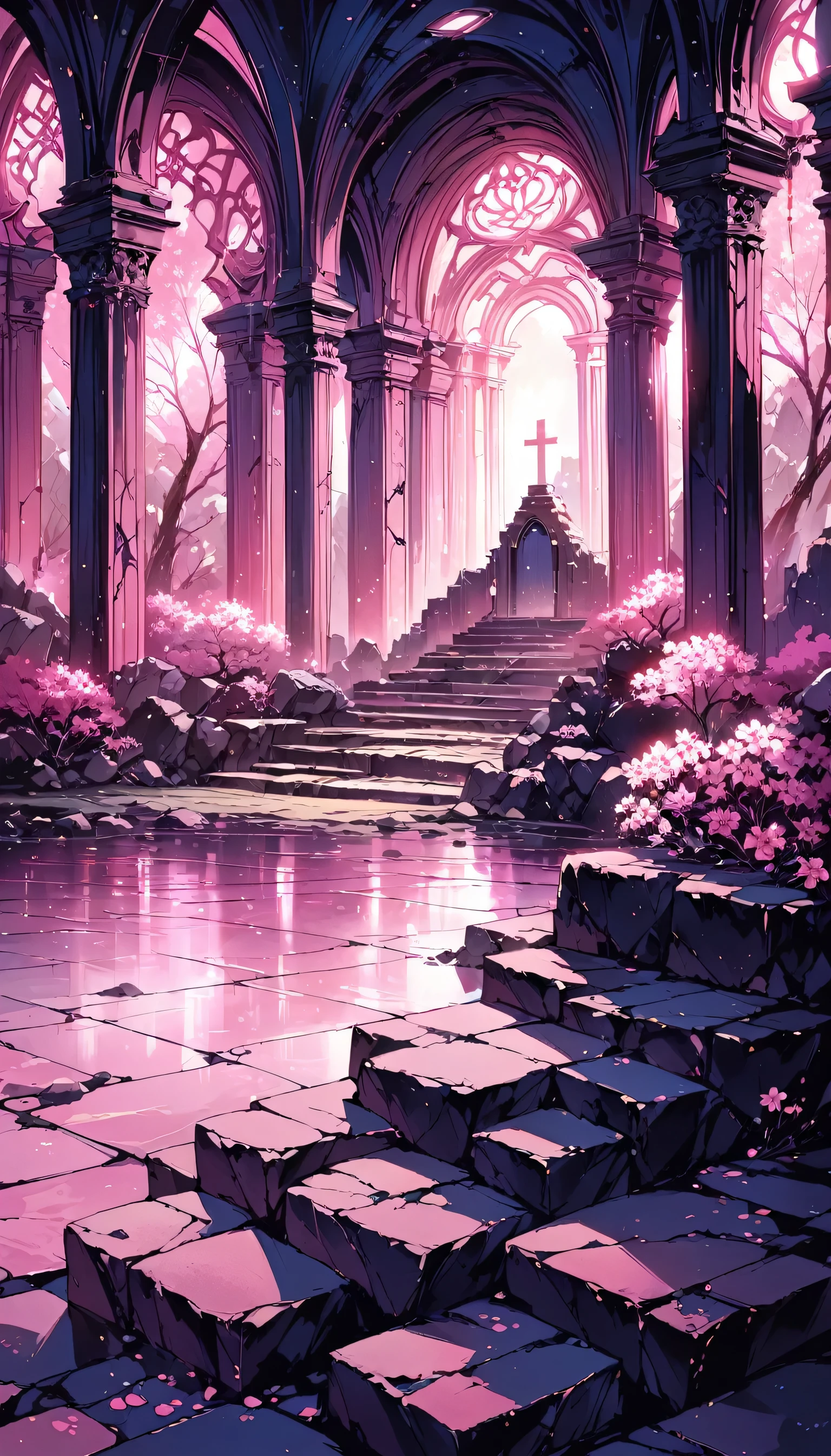 Amazing pink tree on the rocks on the beach, A realistic depiction style of light, aisle, Art inspired by faith, ruins, Light-filled scene, immersive environments, Floral and natural motifs --ar 14:25  