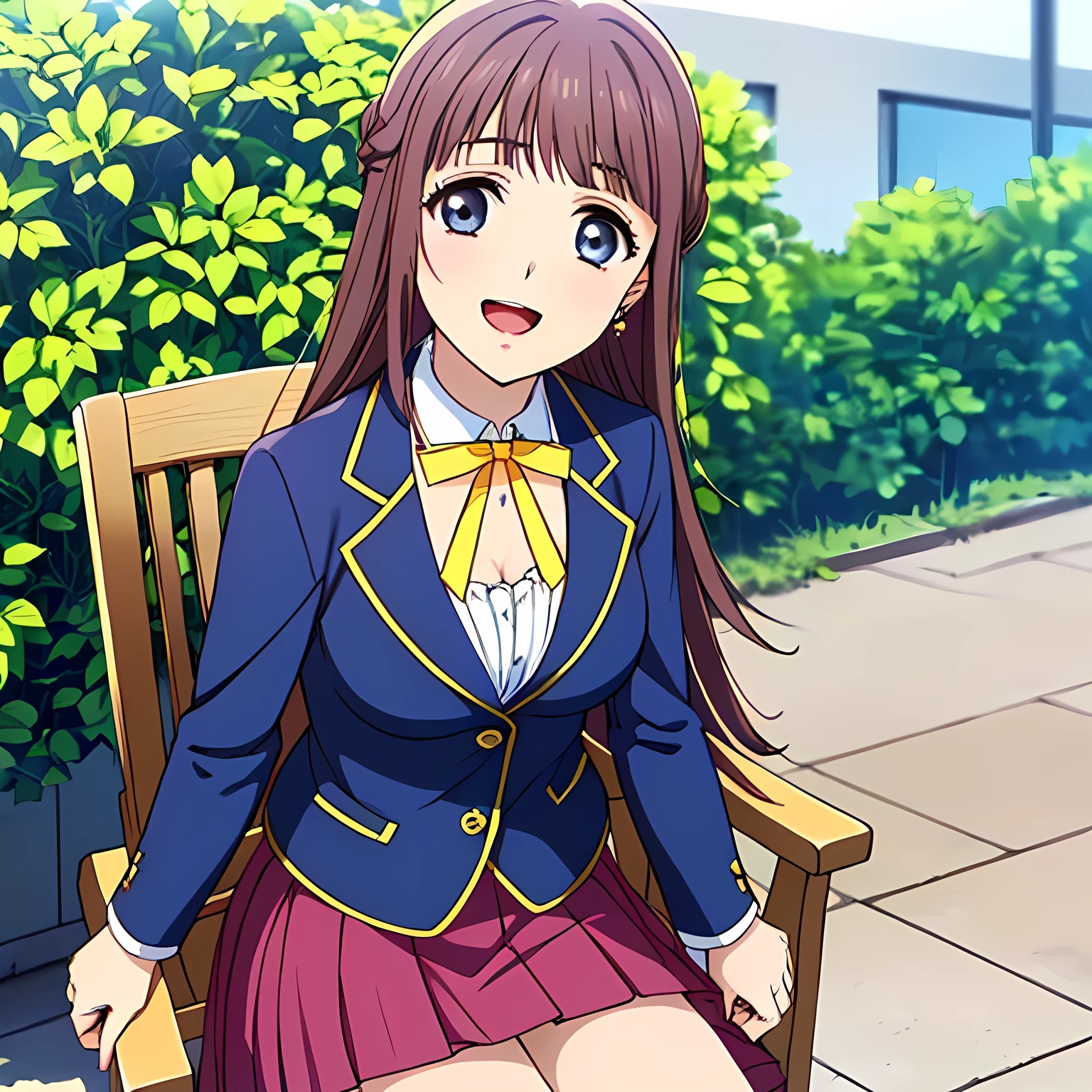 highest quality, (masterpiece:1.2), Very detailed, ((((Game CG)))), ((((A portrait by Renoir of a very noble and elegant 18-year-old aristocrat wearing a and sitting in a chair.)))), ((The girl everyone loves)), (((((Very beautiful, wavy, long flaxen hair))))), ((((A rough textured dark navy blue blazer)))), ((((A long pleated skirt in an elegant dark navy blue check pattern with a rough texture.)))), ((((Very beautiful and shining eyes)))), ((Very long eyelashes)), A big white ribbon on the chest, ((A refined and elegant look like a noble princess)), (((Beautiful and great smile))), ((Small face and great posture)), ((Give the viewer a heavenly feeling of happiness)), (((Blur the background))), ((Very noble and elegant face)), ((Slender and shapely breasts)), (((laughing at me with pity!))), The background is a wall covered in deep green ivy., Gold hair ornament and earrings, ((The elegant, slightly open mouth and glossy lips of an anime heroine)), A strong wind is blowing