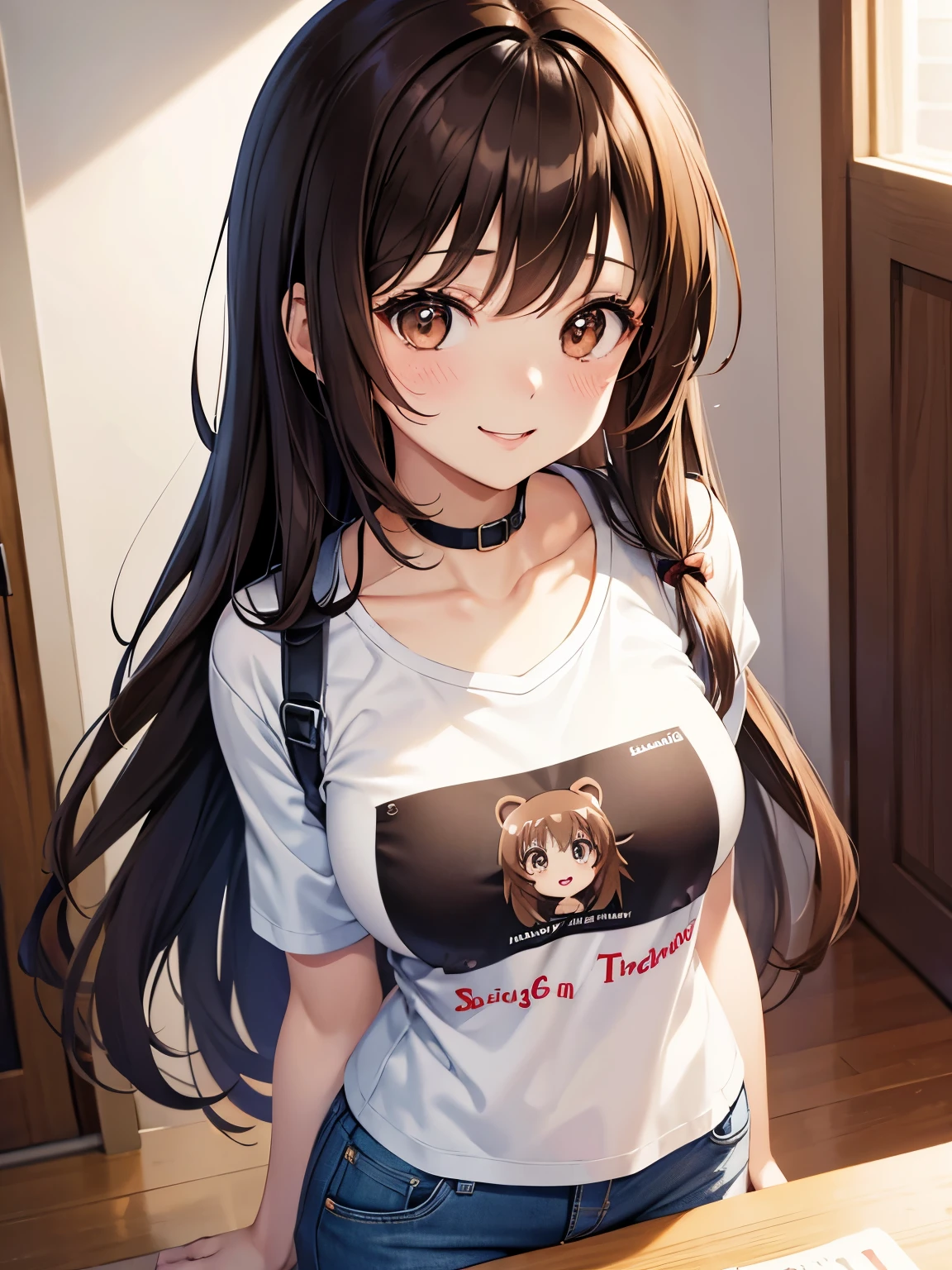 Brown hair. Anime girl. Asian girl. Ulzzang. Brown eyes. Smiling. T-shirt. Visible bra.