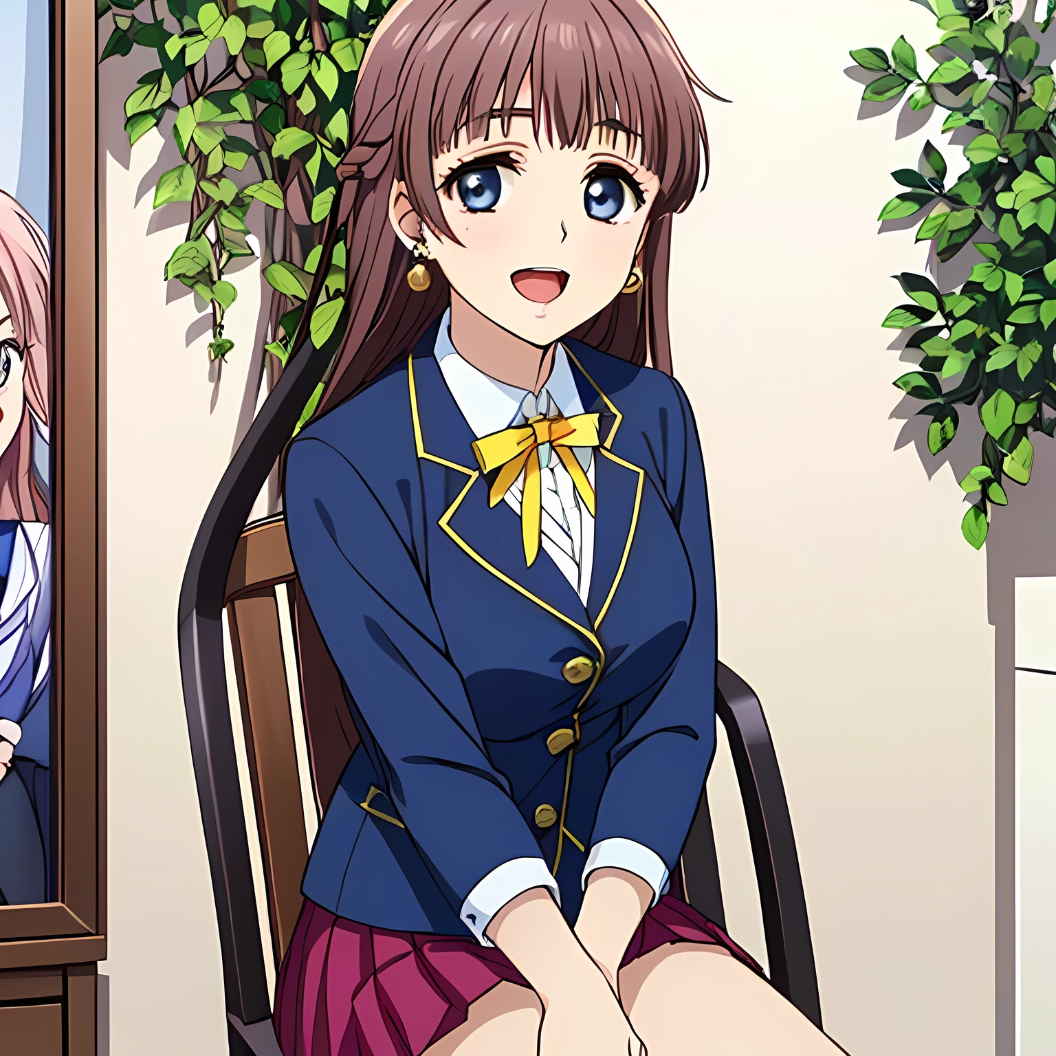 highest quality, (masterpiece:1.2), Very detailed, ((((Game CG)))), ((((A portrait by Renoir of a very noble and elegant 18-year-old aristocrat wearing a and sitting in a chair.)))), ((The girl everyone loves)), (((((Very beautiful, wavy, long flaxen hair))))), ((((A rough textured dark navy blue blazer)))), ((((A long pleated skirt in an elegant dark navy blue check pattern with a rough texture.)))), ((((Very beautiful and shining eyes)))), ((Very long eyelashes)), A big white ribbon on the chest, ((A refined and elegant look like a noble princess)), (((Beautiful and great smile))), ((Small face and great posture)), ((Give the viewer a heavenly feeling of happiness)), (((Blur the background))), ((Very noble and elegant face)), ((Slender and shapely breasts)), (((laughing at me with pity!))), The background is a wall covered in deep green ivy., Gold hair ornament and earrings, ((The elegant, slightly open mouth and glossy lips of an anime heroine)), A strong wind is blowing
