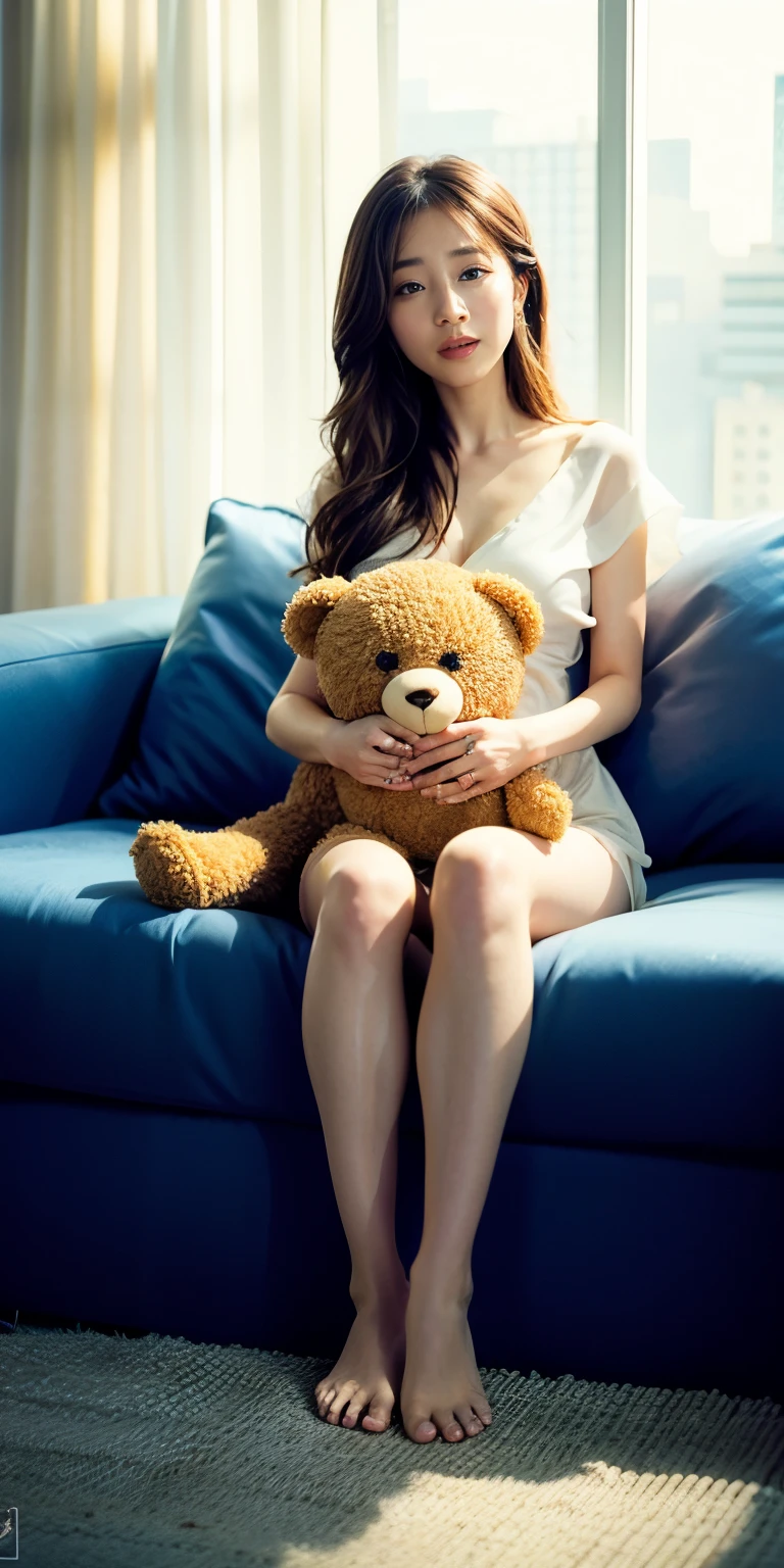 A girl walking along the river, Mix 4, Full nude body shot, pillow, lips, Open_mouth, Realistic, photograph_\(Moderate\), alone, Packed_animal, Packed_toy, Teddy_bear,(masterpiece),(photographRealistic:1.3), Super detailed, (Skin with attention to detail:1.2),(highest quality:1.0), (Ultra-high resolution:1.0), (Ulzzang-6500:0.3), Wavy fine hair, Long Hair, sunlight, (Beautiful and detailed makeup), (Sexually excited、Blushing、breathing becomes rough:1.0), Flower Theme Petals Scattered, (Flowers with a soft glow:0.5)
