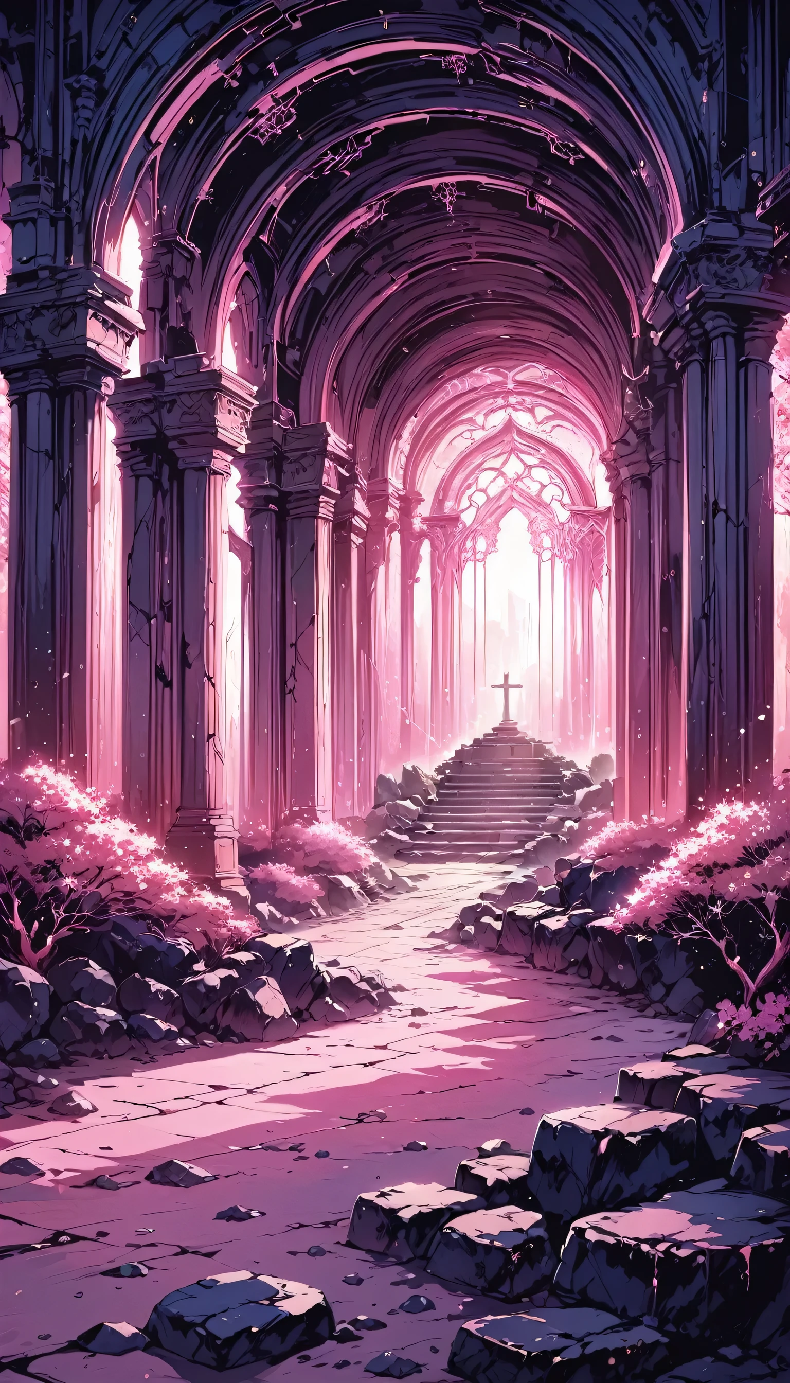 Amazing pink tree on the rocks on the beach, A realistic depiction style of light, aisle, Art inspired by faith, ruins, Light-filled scene, immersive environments, Floral and natural motifs --ar 14:25  