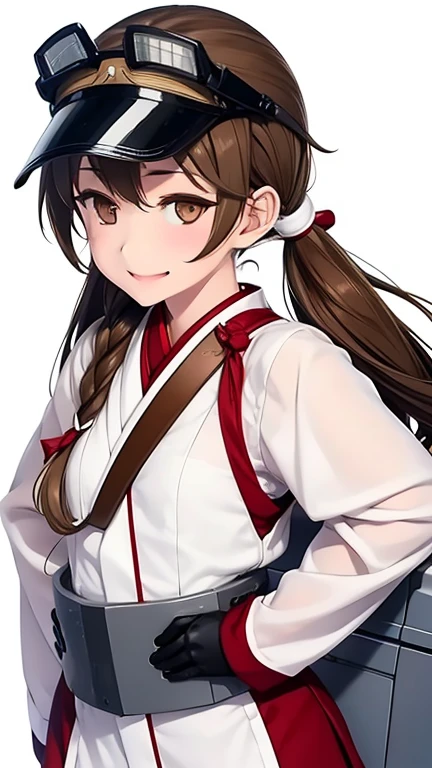 1 girl, ryuujou (Kantai Collection), alone, Brown Hair, Twin tails, Brown eyes, Visor Cap, magatama, Open your mouth, aircraft, smile, plane, White Background, Japanese Clothing, Simple Background, Your Post, body, Long Hair