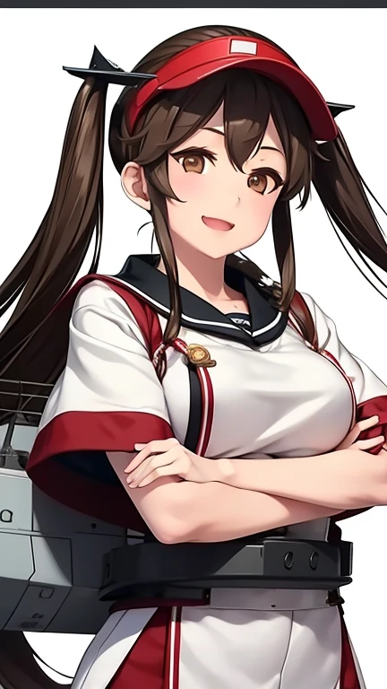 1 girl, ryuujou (Kantai Collection), alone, Brown Hair, Twin tails, Brown eyes, Visor Cap, magatama, Open your mouth, aircraft, smile, plane, White Background, Japanese Clothing, Simple Background, Your Post, body, Long Hair