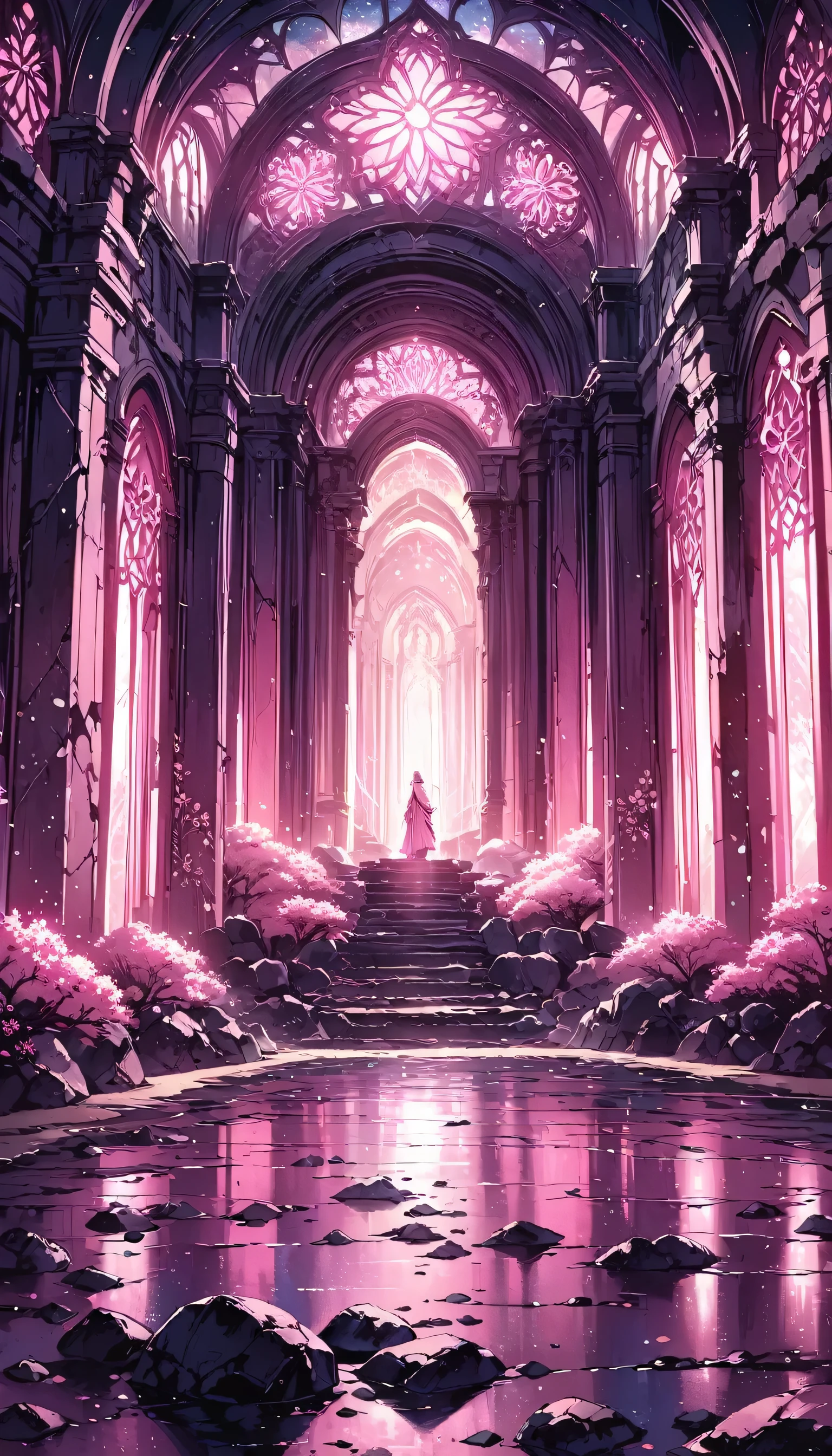 Amazing pink tree on the rocks on the beach, A realistic depiction style of light, aisle, Art inspired by faith, ruins, Light-filled scene, immersive environments, Floral and natural motifs --ar 14:25  