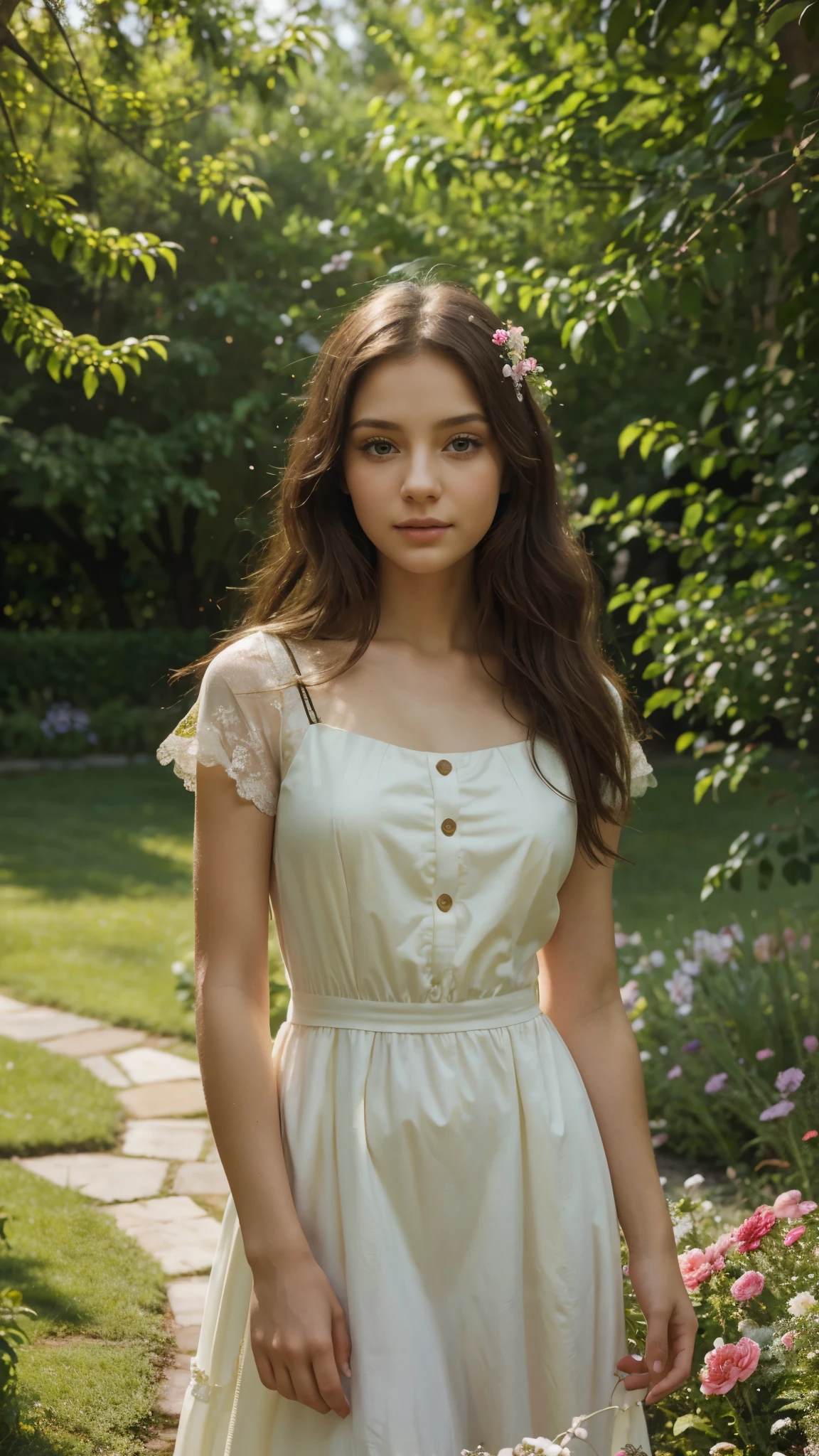 A detailed girl with beautiful eyes and lips, in a garden full of vibrant flowers and lush greenery. The girl is standing gracefully, wearing a flowing dress that matches the colors of the flowers around her. The sunlight spills through the tree branches, casting soft and warm rays on her face and creating a dreamy atmosphere. Her eyes are sparkling with life, and her long eyelashes frame them perfectly. The painting style is a mixture of classical oil painting and contemporary digital art, resulting in a stunning blend of realism and artistic interpretation. The colors are vivid and rich, with a warm color palette that emphasizes the natural beauty of the scene. Every detail is meticulously captured, from the delicate texture of the flowers to the intricate patterns on the girl's dress. The overall composition is balanced and harmonious, inviting viewers to immerse themselves in this enchanting garden.