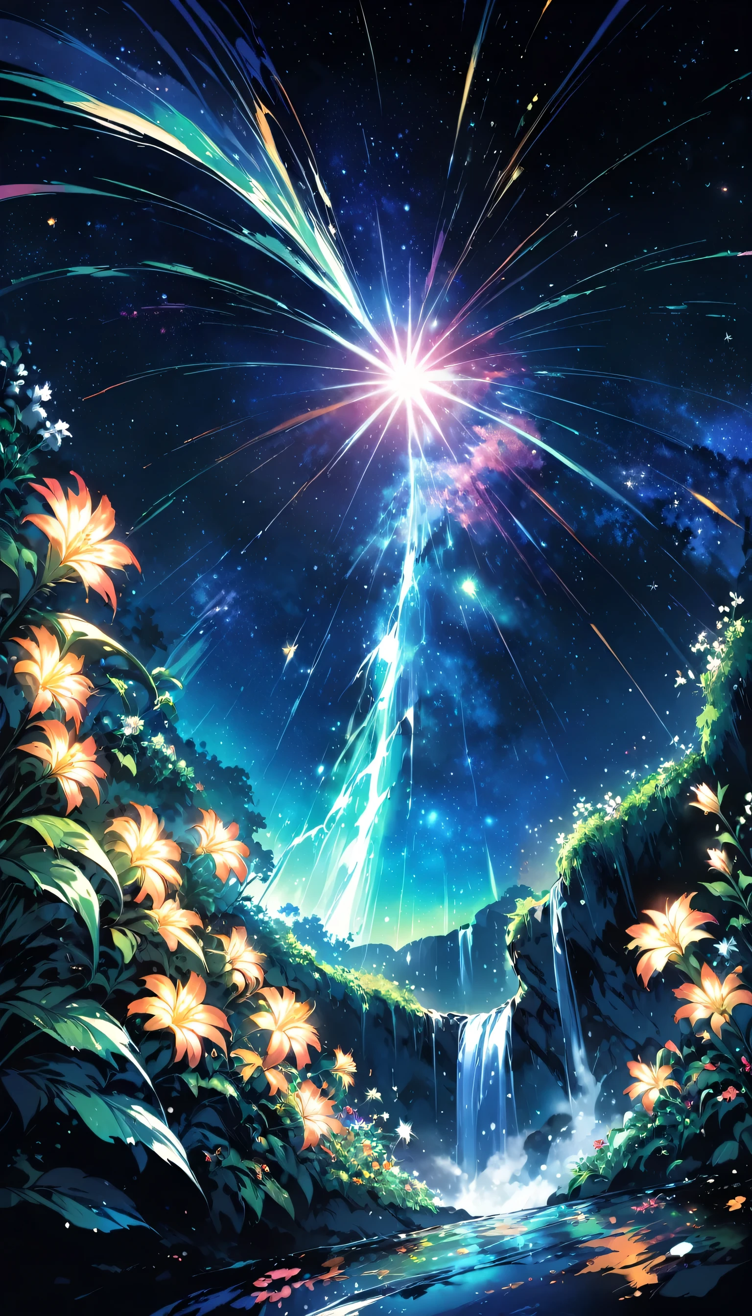 Ultra-Real 8K, Super detailed, (Top quality digital illustration masterpiece of the Earth in outer space), ((no man)) (Beautiful earth illustration), (Vibrant green nature and vegetation), (flowering plant), ((waterfall)), (Bright Star), (Hyper Detail, Dynamic Camera), (Wide-angle), (Celestial lighting), (Vivid colors and saturation), (Trending on Art Station,