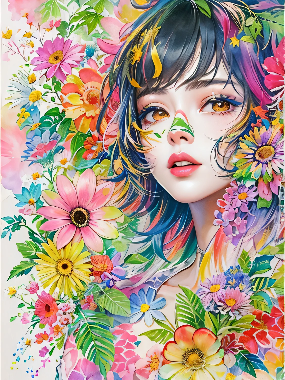 Hiromi Matsuo Style、(((stylish fashion))), 8K Quality、Intense watercolor, Detailed watercolor art, Watercolor splash, Surreal, avant-garde pop art, Beautiful and expressive paintings, Beautiful artwork illustration, Very colorful tones, wonderful, Cool beauty, highest quality、Official Art, Vector art, Stylish design, (((The most beautiful girl))), (((highest quality))), HDR, ((detailed)), (((Doodle Art)), ((masterpiece)), ((Super detailed)), (((Colorful flowers))),(((Stylish))),