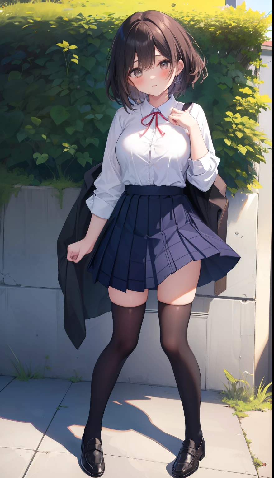 One Girl、positive、From above、Full body portrait、Brown haired、Medium Haircut、blush、Absolute area、Knee socks、stockings、Black knee-high socks、White underwear、Cleavage、Light blue cut shirt、Unbutton your shirt、Shirt buttons fly off、Navy blue checkered pleated skirt、Very short skirt、garden、Daytime、(Very large breasts)、((Lesbians all over))、masterpiece、(highest quality)、Panties around the ankles、loafers、The wind blows up my skirt、Knee socksのバイブレーター