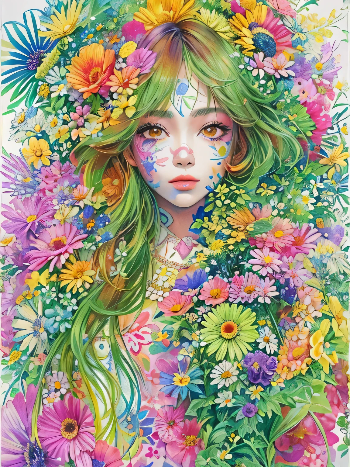 Hiromi Matsuo Style、(((stylish fashion))), 8K Quality、Intense watercolor, Detailed watercolor art, Watercolor splash, Surreal, avant-garde pop art, Beautiful and expressive paintings, Beautiful artwork illustration, Very colorful tones, wonderful, Cool beauty, highest quality、Official Art, Vector art, Stylish design, (((The most beautiful girl))), (((highest quality))), HDR, ((detailed)), (((Doodle Art)), ((masterpiece)), ((Super detailed)), (((Colorful flowers))),(((Stylish))),
