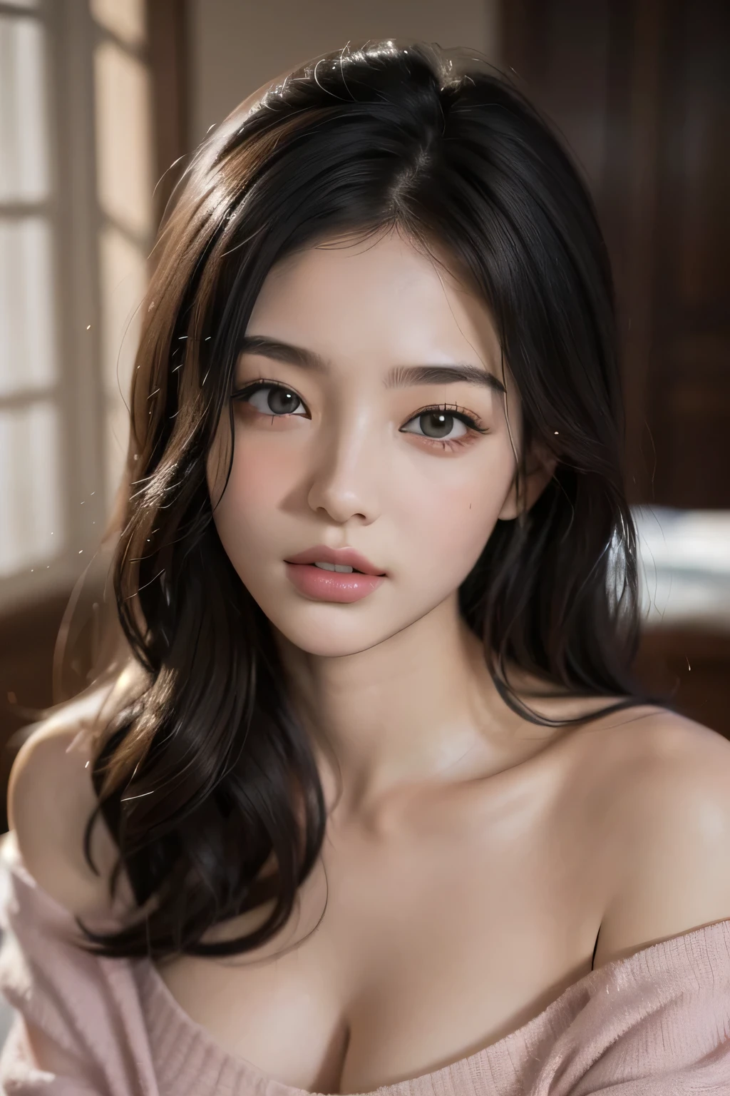 (best quality, highres, ultra-detailed:1.2), (beautiful, stunning, breathtaking) portrait, (gorgeous, mesmerizing, captivating) sexy woman with a (striking, flawless) face, (long, flowing) black wavy hair cascading down her shoulders, featuring a (prominent, elegant) big forehead and (charming, alluring) seductive eyes. Her eyes are (beautifully detailed, mesmerizingly intense), with (sparkling, vibrant) color and (long, thick) eyelashes that frame them perfectly. Her nose is of medium size, adding to her overall attractiveness. The focal point of her face is her (plump, luscious) lips, which are (voluptuous, kissable) and commanding attention. Adding a touch of romance to her fair glowing skin, she has a deep pink blush on her cheeks, which enhances her natural beauty. 

She is wearing a pink oversized off-shoulder t-shirt, revealing her bare shoulders, exuding elegance and femininity. The t-shirt highlights her medium-sized chest, with a subtle hint of cleavage, adding a hint of allure to the composition. 

The image quality is of the highest standard, featuring (best quality, high-resolution, ultra-detailed) rendering to capture every intricate detail. The final result is (realistic, photorealistic:1.37), bringing the artwork to life, as if it could jump off the canvas. The lighting is softly focused, illuminating her face and emphasizing the depth and dimension of the overall composition.

The artwork beautifully embodies a portrait stylized in a (classic, traditional) fashion, capturing the essence of timeless beauty. The color palette leans towards soft, feminine tones, with a delicate mix of pinks and neutrals, creating an atmosphere of elegance and sophistication. The lighting, with a gentle glow, adds a touch of warmth and intimacy to the scene, enhancing the overall ambiance.