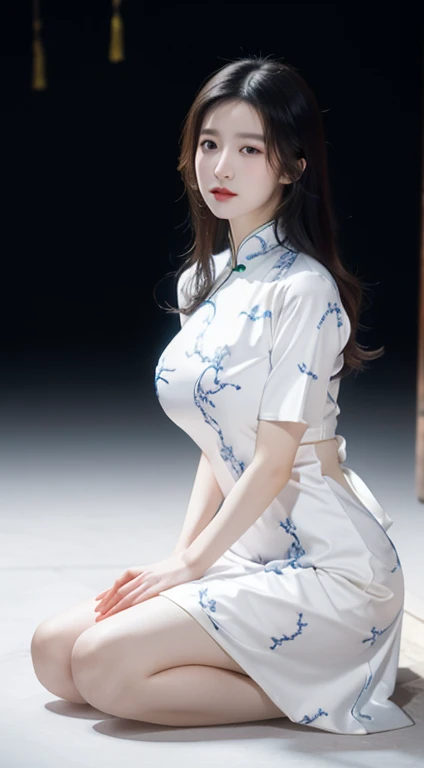 best quality,HDR,super high quality,8K,Vibrant colors,solitary,Medium shot,(1 girl:1.5),(kneel:1.3),From the front,Soft Light,(looking at the audience:1.6),elegant,detailed gorgeous face,(Simple background:1.1),Cowboy shooting,rc,hollow clothes,(White printed Chinese dress:1.4),long hair,Brown long curly hair,Natural skin texture,Realistic eYes and facial details,Pretty Face,Huge breasts,Thin waist,Bare Legs,Gentle sister,Obedient personality,Obey everything,sit down、Obey everything、obedient nature,Likeable,付出型性格和Likeable的个性,Absolute obedience,Absolute obedience、Likeable,Willing to give everything,Waiting for command,Full body view