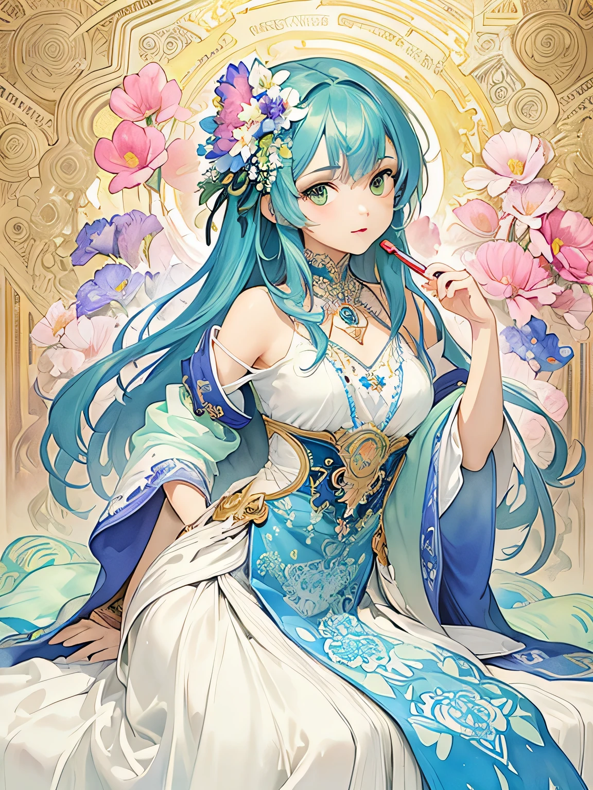 Alphonse Mucha Style、(((stylish fashion))), 8K Quality、Intense watercolor, Detailed watercolor art, Watercolor splash, Surreal, avant-garde pop art, Beautiful and expressive paintings, Beautiful artwork illustration, Very colorful tones, wonderful, Cool beauty, highest quality、Official Art, Vector art, Stylish design, (((The most beautiful girl))), (((highest quality))), HDR, ((detailed)), (((Doodle Art)), ((masterpiece)), ((Super detailed)), (((Colorful flowers))),(((Stylish))),