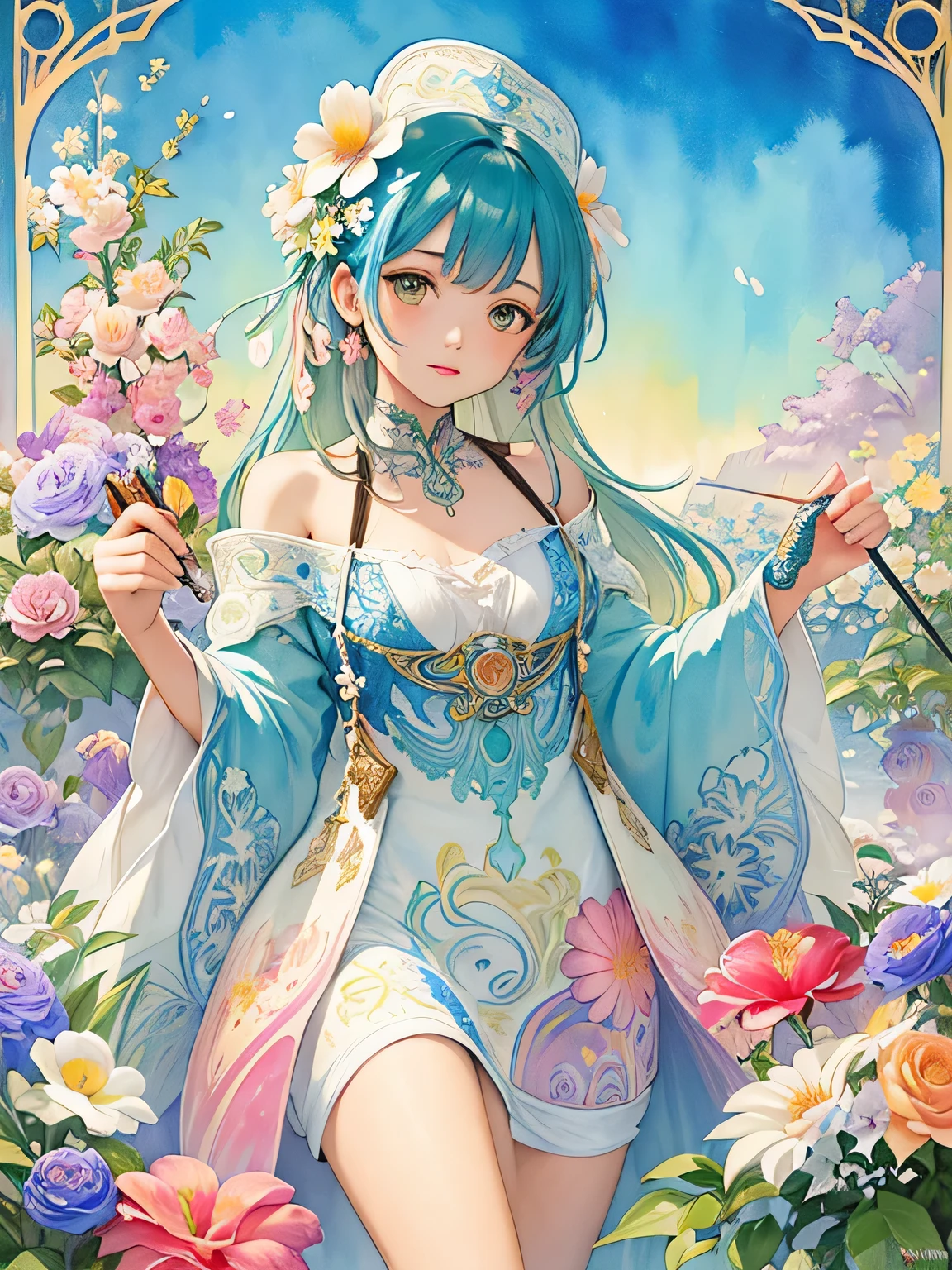 Alphonse Mucha Style、(((stylish fashion))), 8K Quality、Intense watercolor, Detailed watercolor art, Watercolor splash, Surreal, avant-garde pop art, Beautiful and expressive paintings, Beautiful artwork illustration, Very colorful tones, wonderful, Cool beauty, highest quality、Official Art, Vector art, Stylish design, (((The most beautiful girl))), (((highest quality))), HDR, ((detailed)), (((Doodle Art)), ((masterpiece)), ((Super detailed)), (((Colorful flowers))),(((Stylish))),