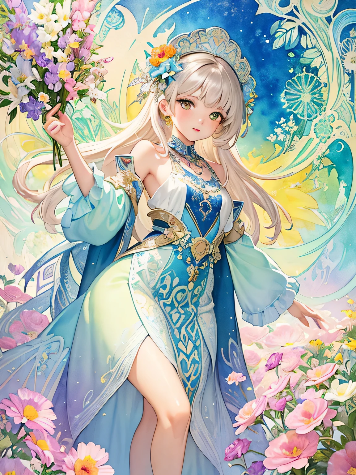 Alphonse Mucha Style、(((stylish fashion))), 8K Quality、Intense watercolor, Detailed watercolor art, Watercolor splash, Surreal, avant-garde pop art, Beautiful and expressive paintings, Beautiful artwork illustration, Very colorful tones, wonderful, Cool beauty, highest quality、Official Art, Vector art, Stylish design, (((The most beautiful girl))), (((highest quality))), HDR, ((detailed)), (((Doodle Art)), ((masterpiece)), ((Super detailed)), (((Colorful flowers))),(((Stylish))),