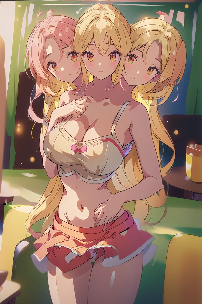 (masterpiece, best quality), best quality, best resolution, (ultra-detailed), (3heads:1.5), 1girl, (yuki:1.3), masterpiece, best quality, ultra quality, ultra resolution, ultra detail, dark red and pink top, crop top, ((stomach)), midriff, ((groin)), dark red and pink skirt, normal ears, shackles, blonde hair, very long hair, wavy hair, sidelocks, yellow eyes, parted lips, open belly, sweat, cute, toned belly, hand on own chest, eyelashes, (24 year old woman:1.3), (masterpiece:1.5), (best quality:1.5), (beautiful detailed), extremely detailed CG, extremely delicate and beautiful, depth of field, (finely detailed face), (perfect details:1.2), (mature female:1.3), wide pelvis, slender, large veiny breast, 16k resolution, highres, very high quality, very high definition, extremely detailed, masterpiece, best quality, blonde hair, long hair, alluring presence, braid, short skirt, close up, big tits, young, pink ribbon, girl with three heads, same hair color, blonde,