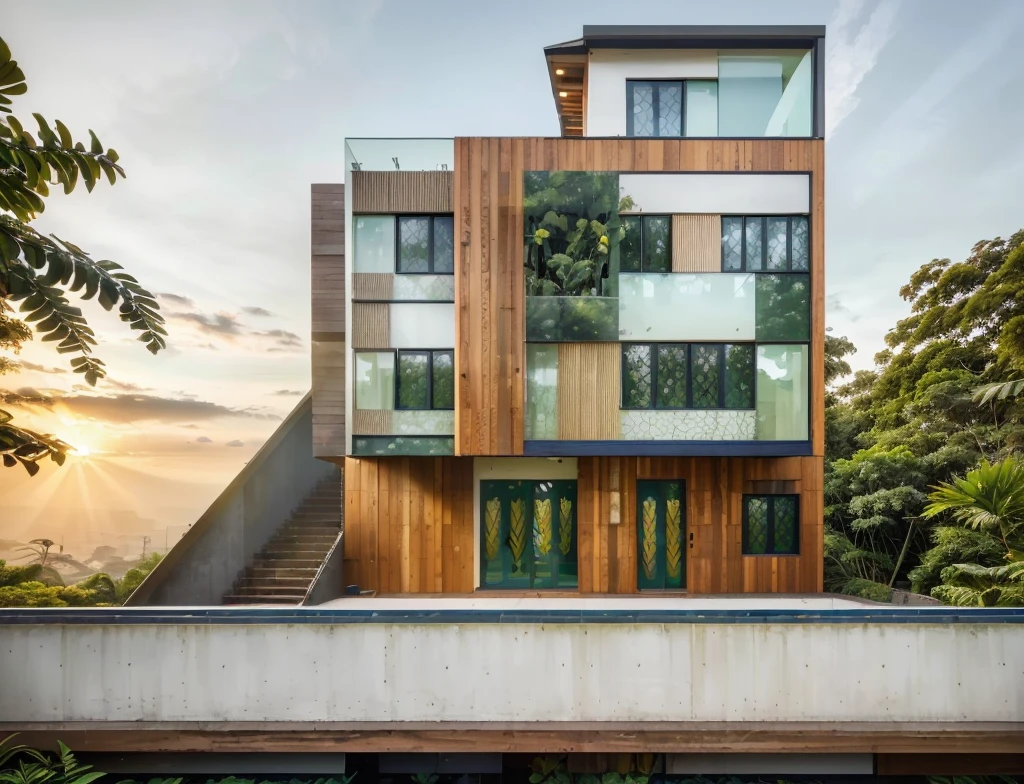 exterior contemporary house in the sunrise, ((halfway up the tropical hill)), cladding stone mix with nature wood material, glass rail, plants on balcony, glasses window, nice landscape with tropical trees and plants, green grass, navy blue and orange color scheme,
