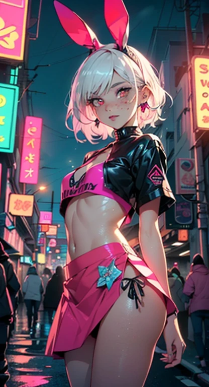 cute little bunny loli,(((little ,small tiny body,petite))),(((6 ))),((anime little bunny  with extremely cute and beautiful fuchsia  hair walking down the street)),(((bunny girl,anthro furry cute,bunny-girl))),(((bunny ears,bunny ears on head,big bunny ears))),

(((flat chest))),(((fuchsia hair:1.35,short fuchsia hair,colored inner hair,ear breathing,))),((heterochromia,eye1 fuchsia,eye2 pink,perfect eyes,upturned eyes:1.3,beautiful detailed eyes,finely detailed beautiful eyes:1,big highlight on eyes:1.2,slanted eyes)),(((freckles on the face,freckles,freckled girl))),(((lustrous skin:1.5,bright skin: 1.5,skin tanned,shiny skin,very shiny skin,shiny body,plastic glitter skin,exaggerated shiny skin))),(delicate detailed fingers,detailed body,detailed arms,human hands,(detailed face)),

cute,slutty,,erotic,(((nsfw))),

zettai ryouiki,revealing clothing,show skin,((rave shirt,neon colored shirt,rave mini-skirt,visible thong straps)),(wearing a rave outfit:1.3,rave clothes,semi-naked,with little clothing,),(detailed outfit,detailed clothes),

(dynamic pose:1.0),solo focus,embarrassed,centered,scale to fit dimensions,Rule of thirds,

outdoors,((night view)),(very pretty city neon synthwave,cyberpunk night street Background:1.5,dark sky,thick clouds),future vehicles,((neon lights)),thick clouds,(cyberpunk style,neon lights, (synthwave theme background), lonely street),(((detailed background:1.25))),

(best quality),(high resolution),(sharp focus),(ultra detailed),(extremely detailed),(extremely high quality artwork),8k_wallpaper,(extremely detailed CG 8k),(very fine 8K CG),((hyper super ultra detailed perfect piece)),flawless,(((masterpiece))),illustration,vibrant colors,(intricate),High contrast,Selective lighting,Double exposure,HDR (High Dynamic Range),Post-processing,Background blur,