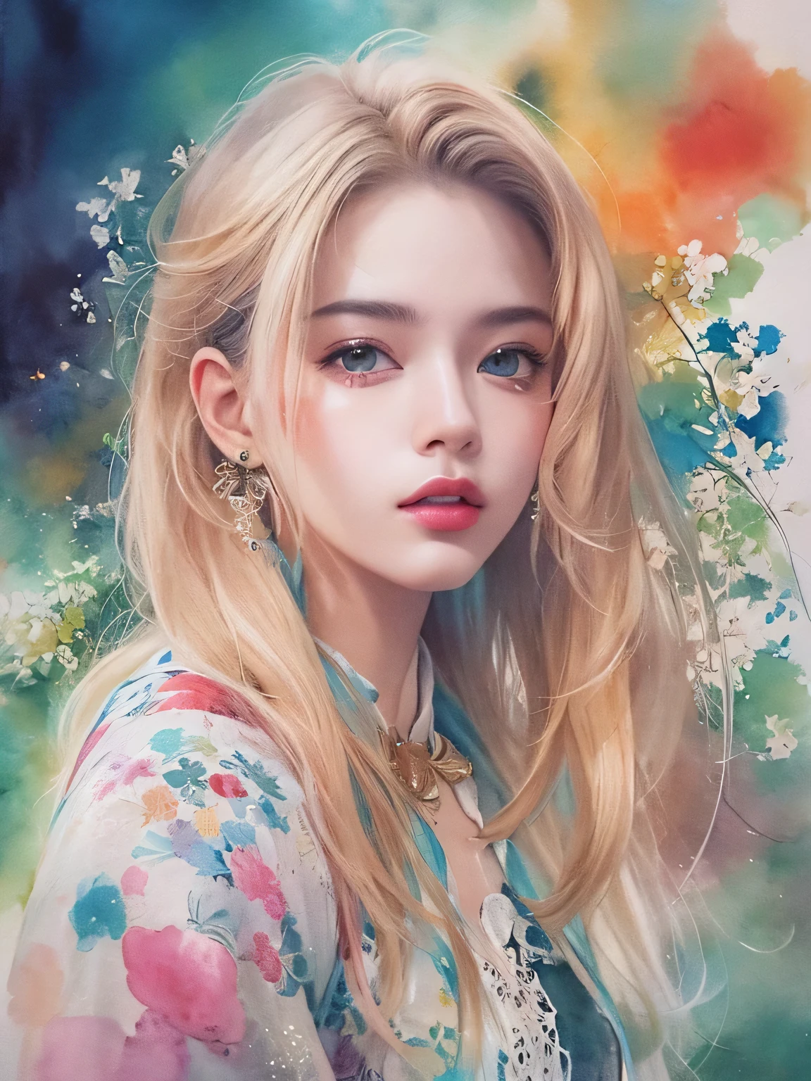 Masayo Style、(((stylish fashion))), 8K Quality、Intense watercolor, Detailed watercolor art, Watercolor splash, Surreal, avant-garde pop art, Beautiful and expressive paintings, Beautiful artwork illustration, Very colorful tones, wonderful, Cool beauty, highest quality、Official Art, Vector art, Stylish design, (((The most beautiful girl))), (((highest quality))), HDR, ((detailed)), (((Doodle Art)), ((masterpiece)), ((Super detailed)), (((Stylish))),