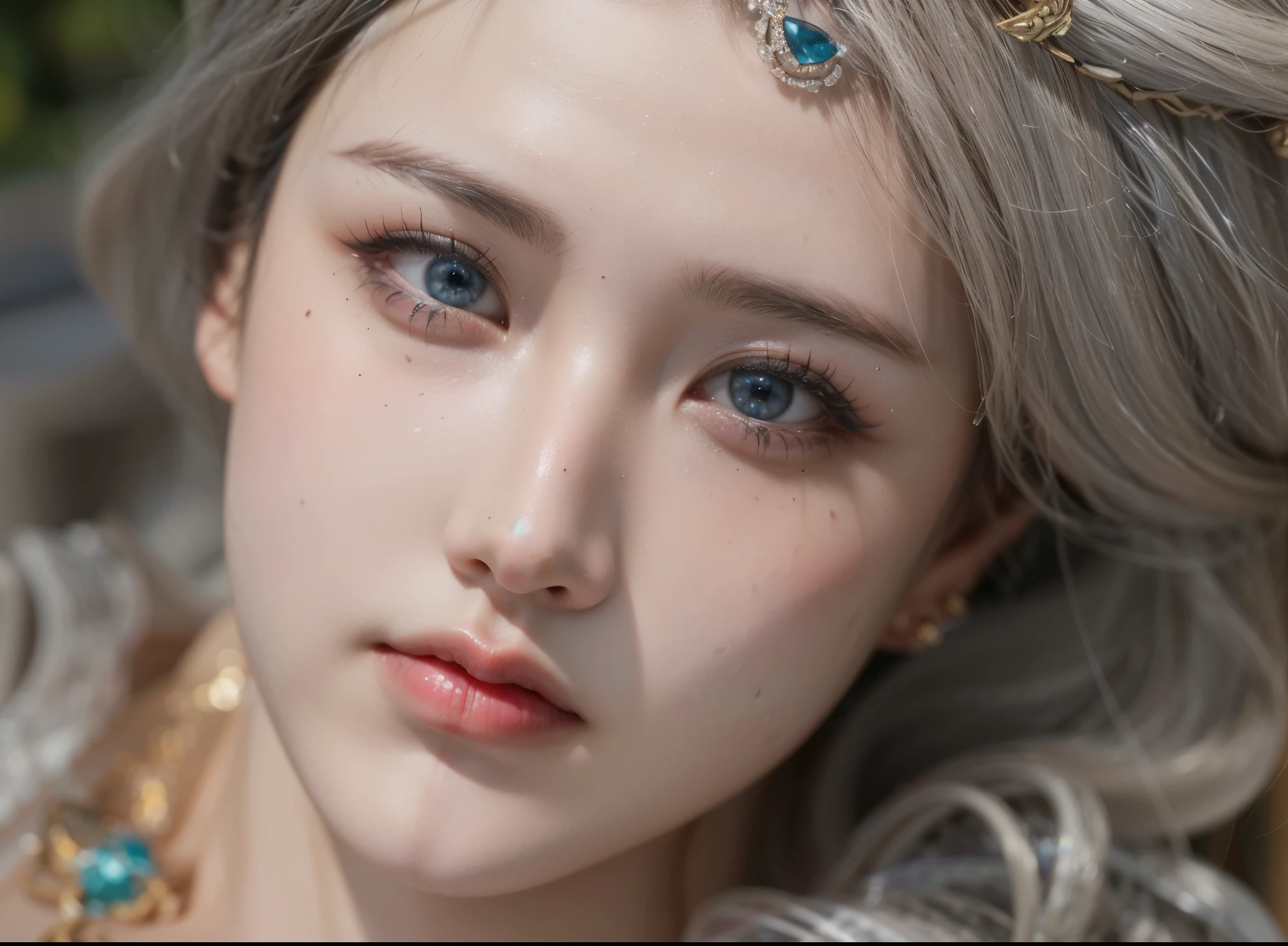 Game Art，Best image quality，Maximum resolution，8k，(A half-length photo)，(portrait)，(Head close-up)，(Rule of Thirds)，Unreal Engine 5 rendering works，20 year old girl，((Queen))，The eyes are very detailed，(Large Breasts)，Elegant and noble，Light，Light线追踪，Game CG，((3D Unreal Engine))，OC rendering reflection mode，4K，Ultra-clear，Sensual，Translucent lace，Fair and plump figure，Pretty Face，Light泽凝胶涂层，身着华贵礼服的Queen，Crystal Gem Crown，Necklace jewelry，blue eyes，The tattoo is very three-dimensional，Gorgeous and intricate tattoo designs，Ultra-clear portrait，Sexy body，Temple Princess，Sapphire eyes，There are stars in the eyes