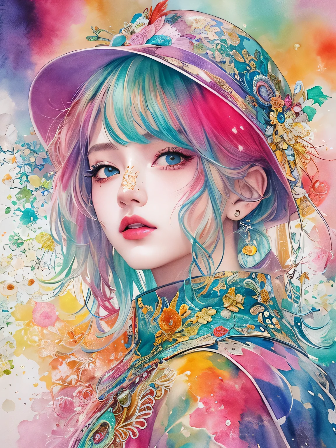 Masayo Style、(((stylish fashion))), 8K Quality、Intense watercolor, Detailed watercolor art, Watercolor splash, Surreal, avant-garde pop art, Beautiful and expressive paintings, Beautiful artwork illustration, Very colorful tones, wonderful, Cool beauty, highest quality、Official Art, Vector art, Stylish design, (((The most beautiful girl))), (((highest quality))), HDR, ((detailed)), (((Doodle Art)), ((masterpiece)), ((Super detailed)), (((Stylish))),