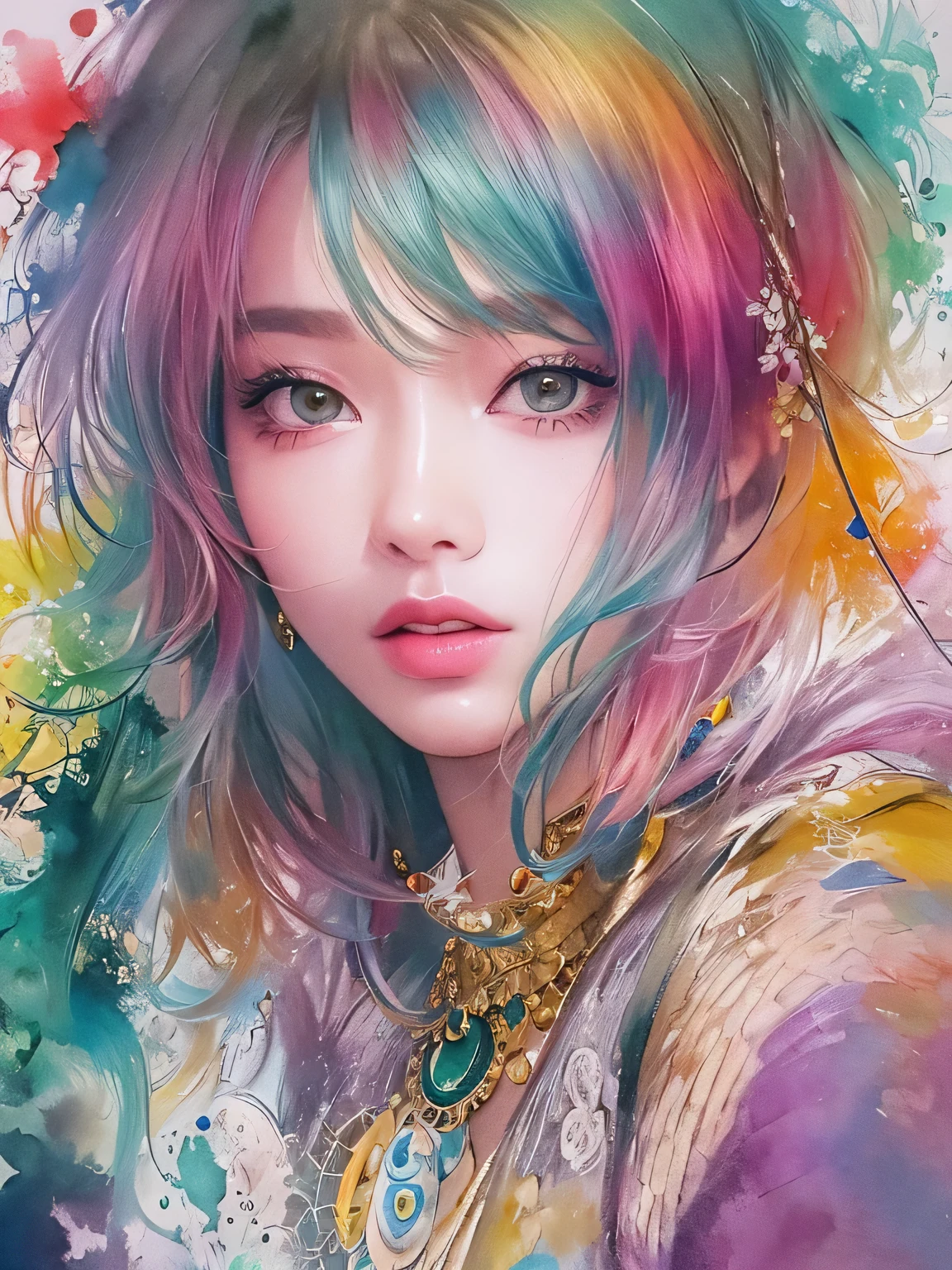 Masayo Style、(((stylish fashion))), 8K Quality、Intense watercolor, Detailed watercolor art, Watercolor splash, Surreal, avant-garde pop art, Beautiful and expressive paintings, Beautiful artwork illustration, Very colorful tones, wonderful, Cool beauty, highest quality、Official Art, Vector art, Stylish design, (((The most beautiful girl))), (((highest quality))), HDR, ((detailed)), (((Doodle Art)), ((masterpiece)), ((Super detailed)), (((Stylish))),
