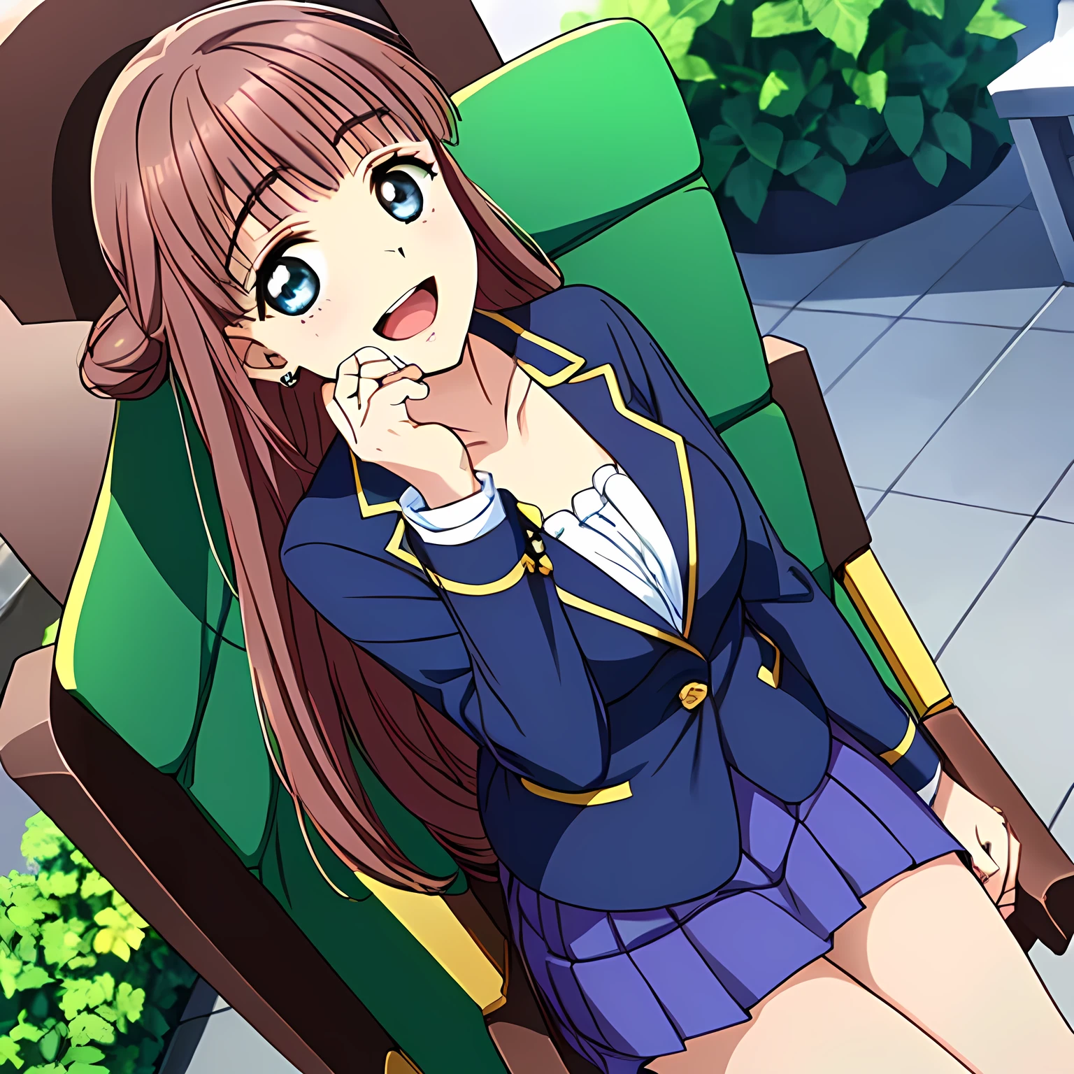 highest quality, (masterpiece:1.2), Very detailed, ((((Game CG)))), ((((A portrait by Renoir of a very noble and elegant 18-year-old aristocrat wearing a and sitting in a chair.)))), ((The girl everyone loves)), (((((Very beautiful, wavy, long flaxen hair))))), ((((A rough textured dark navy blue blazer)))), ((((A long pleated skirt in a neat dark navy blue check pattern)))), ((((Very beautiful and shining eyes)))), ((Very long eyelashes)), A big white ribbon on the chest, ((A refined and elegant look like a noble princess)), (((Beautiful and great smile))), ((Small face and great posture)), ((Give the viewer a heavenly feeling of happiness)), (((Blur the background))), ((Very noble and elegant face)), ((Slender and shapely breasts)), (((laughing at me with pity!))), The background is a wall covered in deep green ivy., Gold hair ornament and earrings, ((The elegant, slightly open mouth and glossy lips of an anime heroine)), A strong wind is blowing