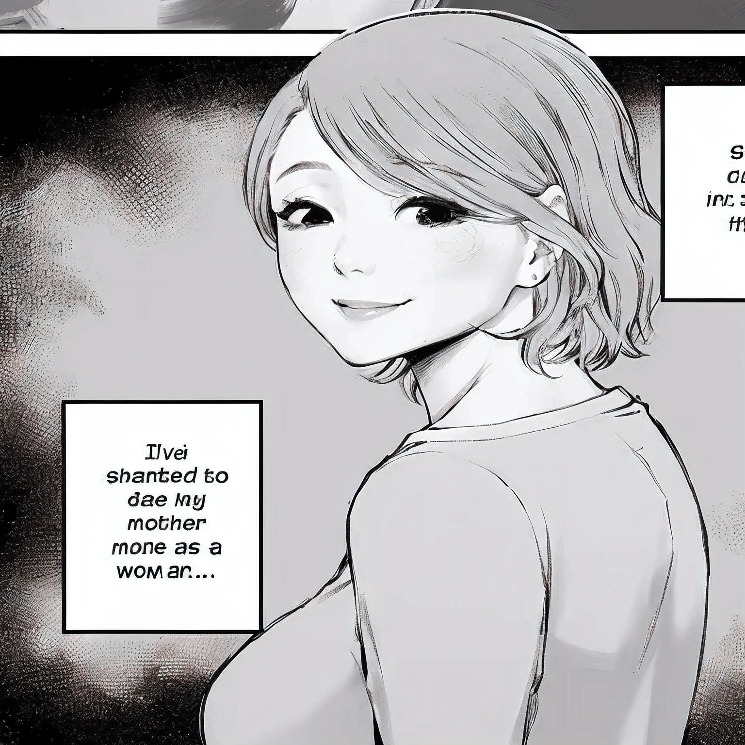 Masterpiece, Best quality,A woman smiling with her lips closed,Half closed eyes,Asian,short haired,Wearing an shirt