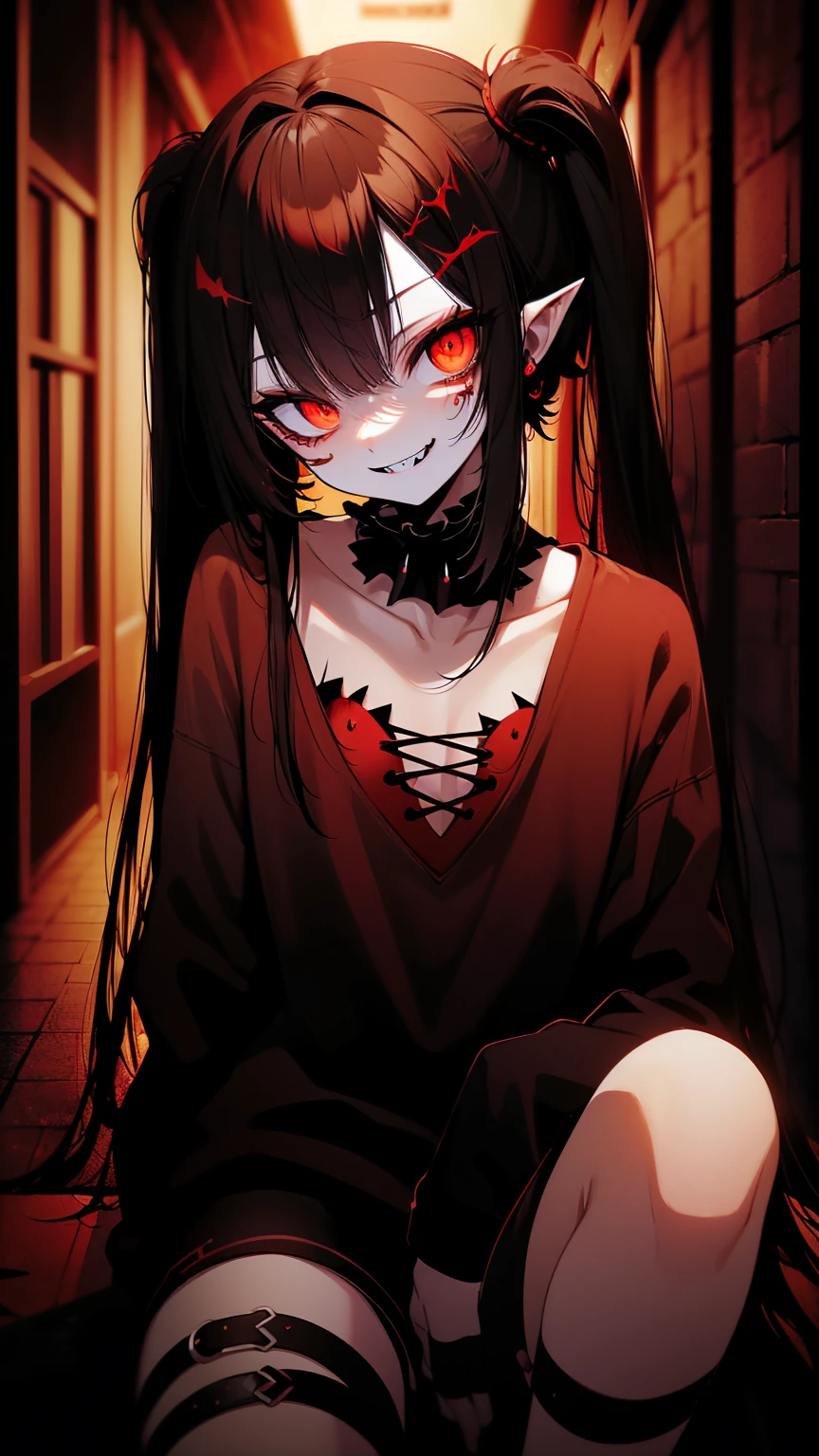 (,best quality, high resolution:1.3), dark dynamic lighting, dark lighting, exe (edgClussy:1.itting on end of hallway:1.2), looking, holding weapon, Exe, teeth, horror (theme), red eyes, smile, sharp teeth, glowing, dark, blood, tongue, grin, glowing eyes, evil smile, red clown nose,