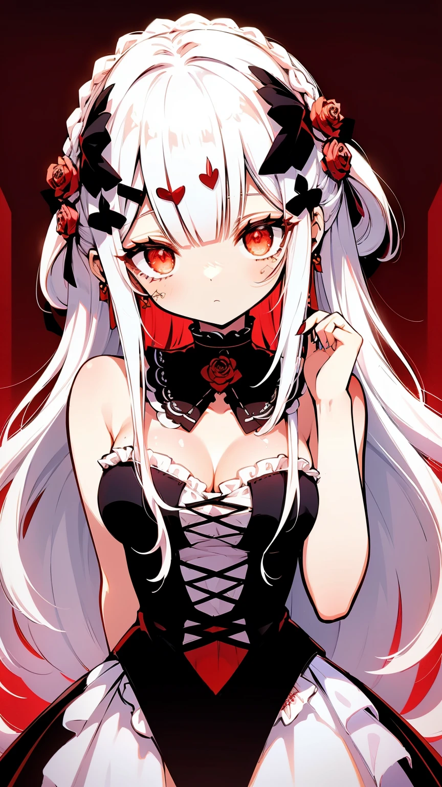 (limited palette), Best quality, (((Masterpiece))), (((Beautiful detailed hair))), (((beautiful detailed skin))), Solo, , Younger, , (((White hair))), Red eyes, (mascara), Blunt bangs, ((Hair over eyes)), Long hair, Medium breasts, Frilled white dress, White frills, Too much decoration, Rose, Noble, setia, The bride hair, (((Eye focus))), (((Expressionless))), The background is blurred out, Empty eyes, Blank eyes, (Red theme), bedroom background, view the viewer, (((hair tucking))), (((Night))), Semi-closed Eyes, Close-up, (((hair adornments))), Upright body, Neatly cut bangs, Braided hair at the back of your head, Sleeveless dress,