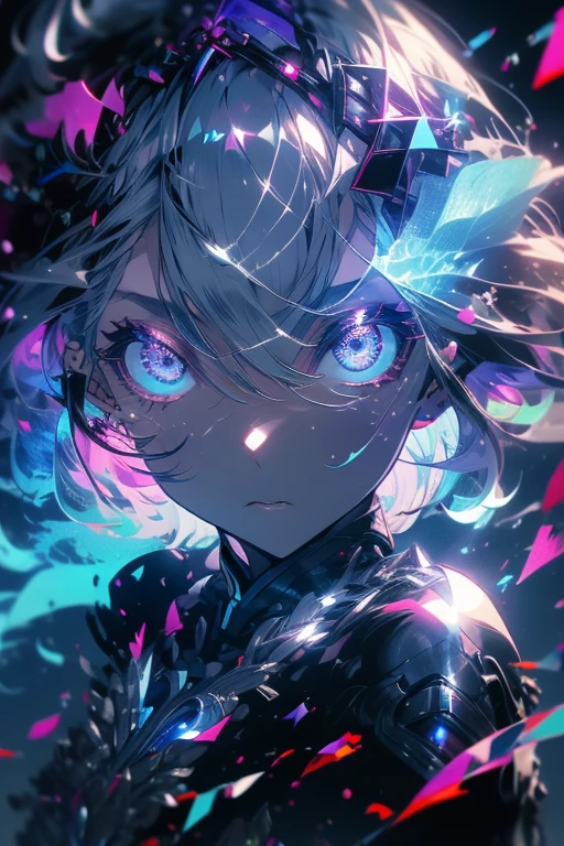 1girl,solo,cool,silver hair,upper body focus,perfect face,purple eye,brilliant eye,vivid eye,around blue flame,dark except for the face,darkness,
