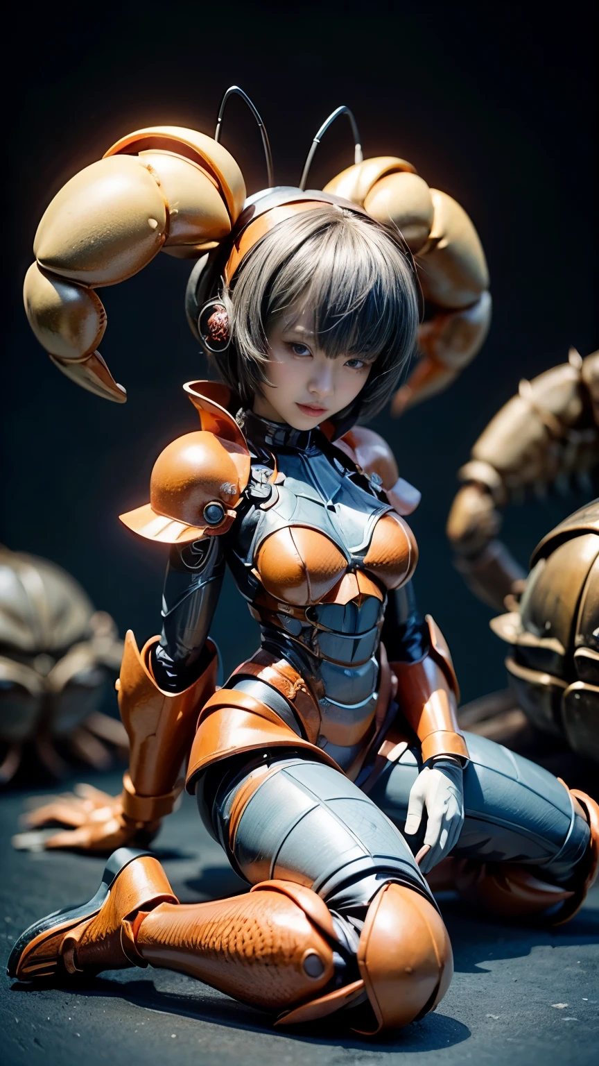 (high resolution,masterpiece,best quality,extremely detailed CG,),(japanese girl face), realistic, photo, amazing fine details, all intricate, gloss and shiny,awesome many layers, 8k wall paper, 3d, kawaii, ( solo:1.4), perfect female proportion,villainess, (fusion of crab and lady:1.4), (crab form lady:1.2), (crab lady:1.2), (fusion:1.2), (solo:1.4), (smile:1.2), muscular, abs, (crab exoskeleton bio insect suit:1.4), (crab blue exoskeleton bio insect armor:1.2), (blue crab antennae:1.3),