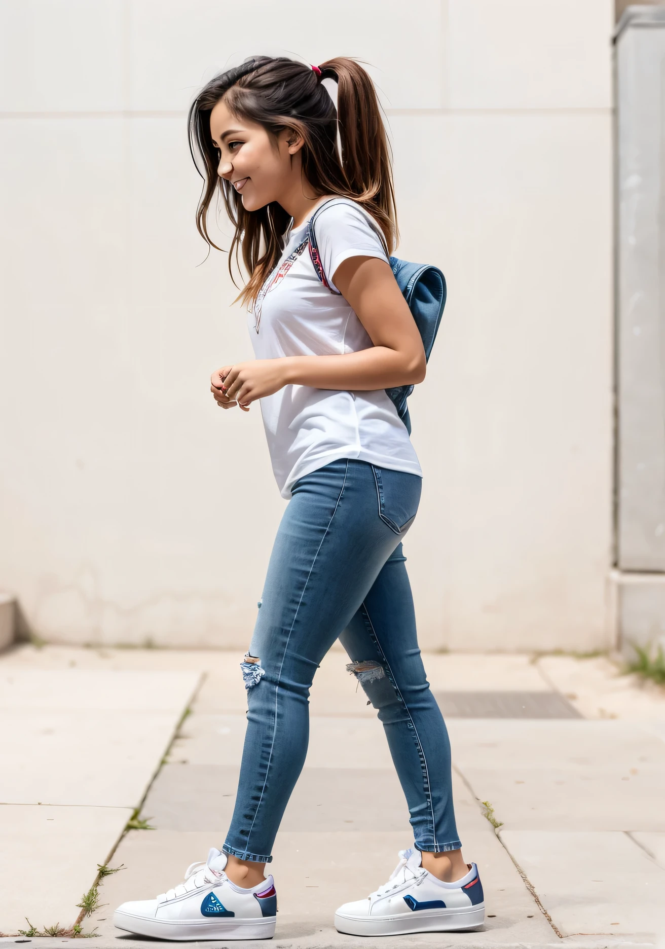 Wearing jeans、Holding a skateboard、Congressman walking on a white background, (1５Year old girl：1.66) ，（Black Hair，（Flat Chest：1.37），（smile：1.37）, （White sneakers）Profile portrait of a girl walking, Full body cute young woman, Side view of her taking a step, Standing girl, Cute Girl's, Go right, Full body image, looking at the camera