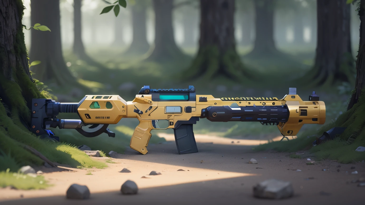 Science Fiction，unmanned，The gun has crystal，Gold gun，plasma，Plant and machine combination，moss，The vine plant attached to the gun，cgi，Realism，Light and Shadow，HD，Extreme details，high resolution，Outdoor scene on the ground，There are colorful particles floating around
